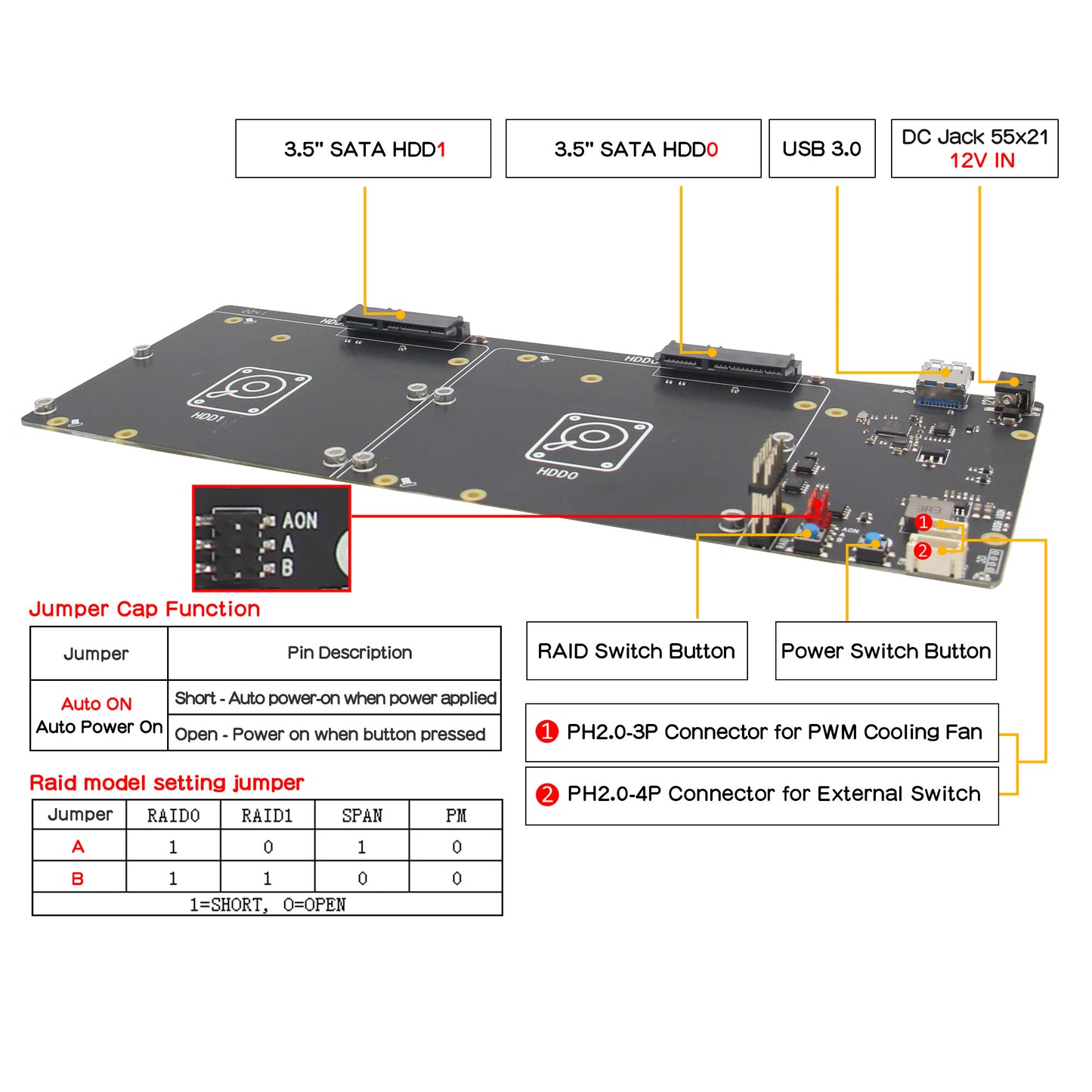 Geekworm NASPi Gemini 3.5 Dual 3.5'' SATA HDD NAS Storage Kit with DC 12V Voltage Input|Safe Shutdown|Auto Power On|RAID for Raspberry Pi 4