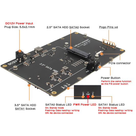 Geekworm X1008 PCIe to 2.5" SATA HDD/SSD+3.5" SATA HDD Shield for Raspberry Pi 5 (NOT Support Boot from HDD/SSD)