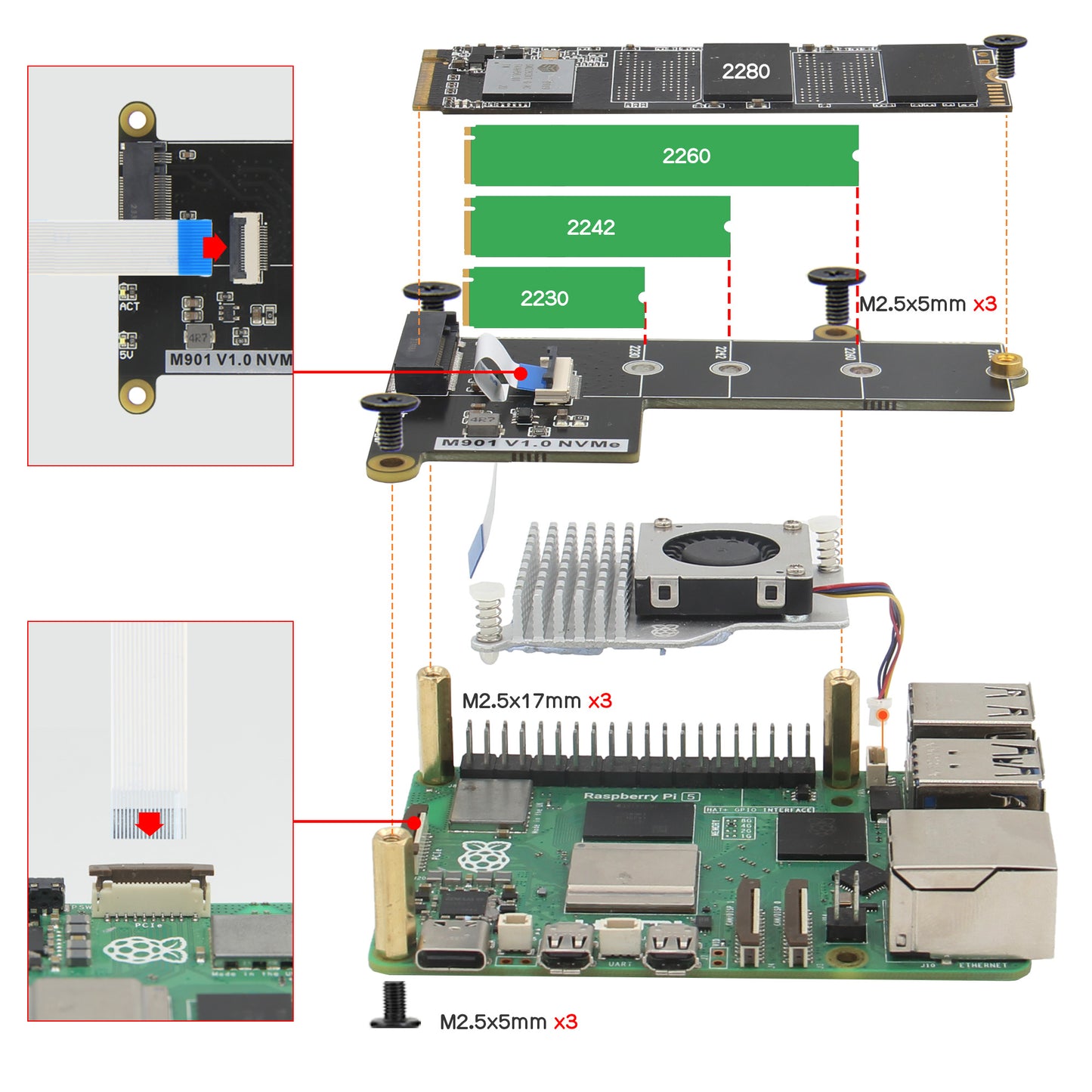 Geekworm M901 PCIe to M.2 Key-M NVMe SSD PIP TOP for Raspberry Pi 5