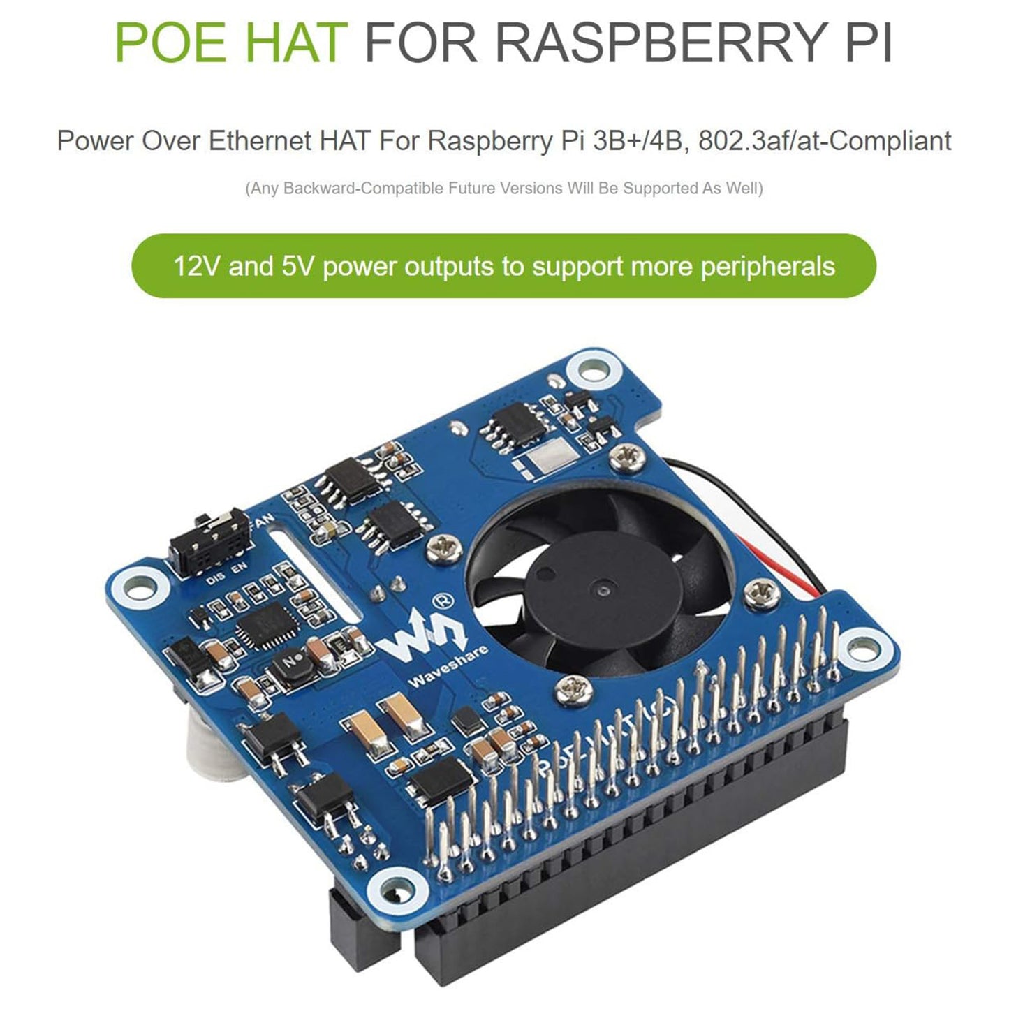 Power Over Ethernet (PoE) HAT with Cooling Fan for Raspberry Pi 4B/3B+