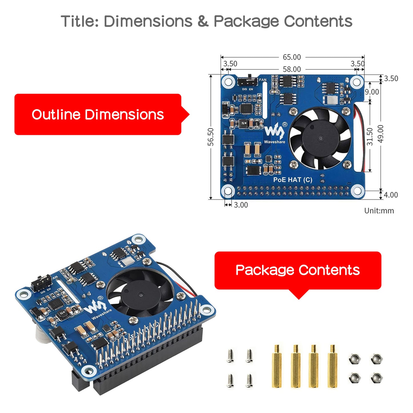 Power Over Ethernet (PoE) HAT with Cooling Fan for Raspberry Pi 4B/3B+