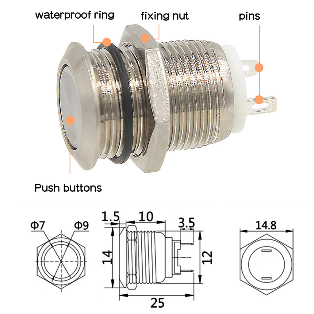 12mm Momentary Metal Waterproof Push Button Switch Flat Head – Geekworm