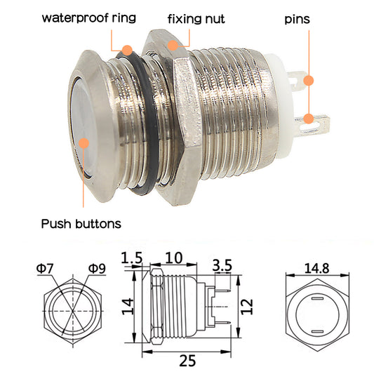 12mm Momentary Metal Waterproof Push Button Switch Flat Head