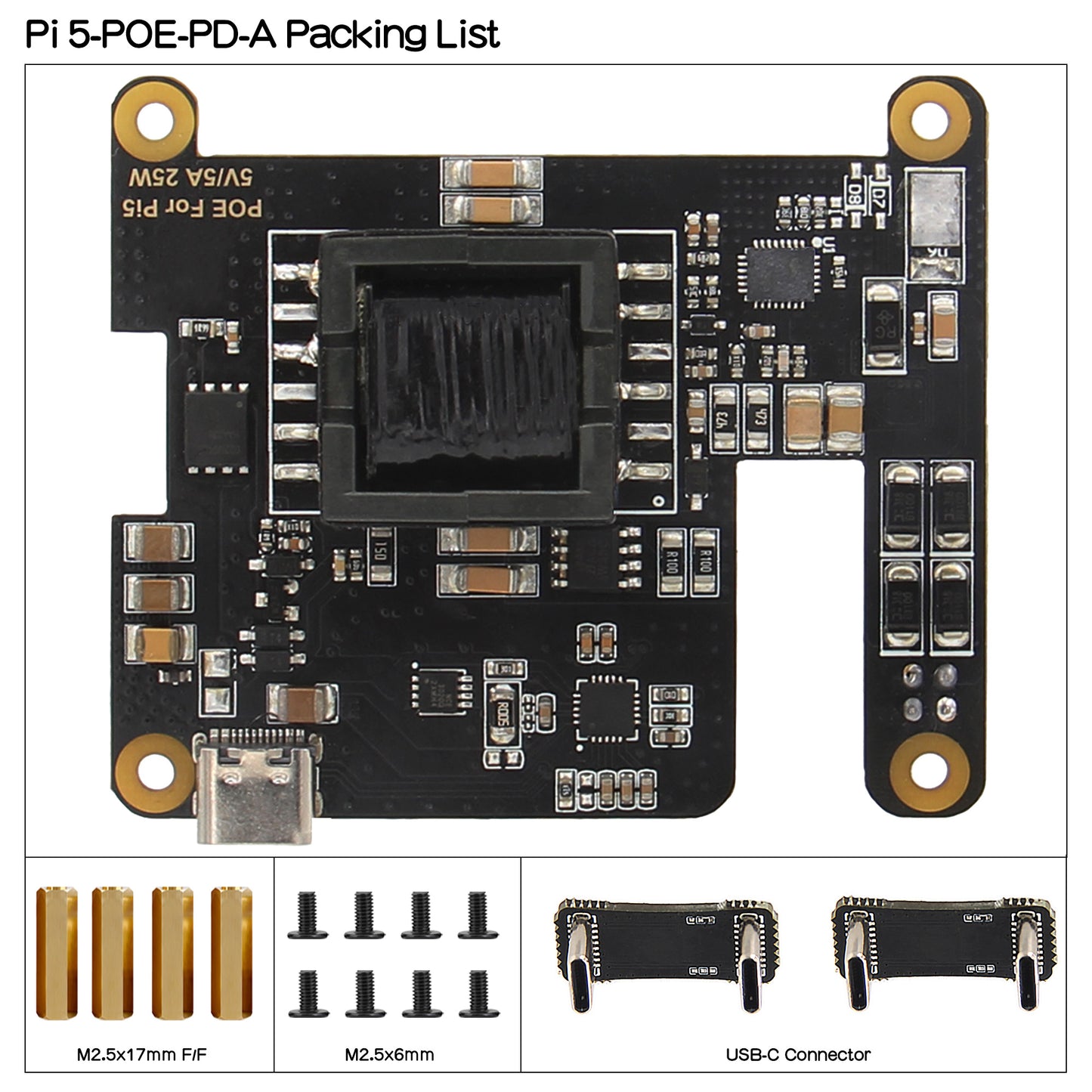 Raspberry Pi 5 PoE Hat support 802.3af/at With PD Trigger Activation Type C Power [Pi5-POE-PD-A]