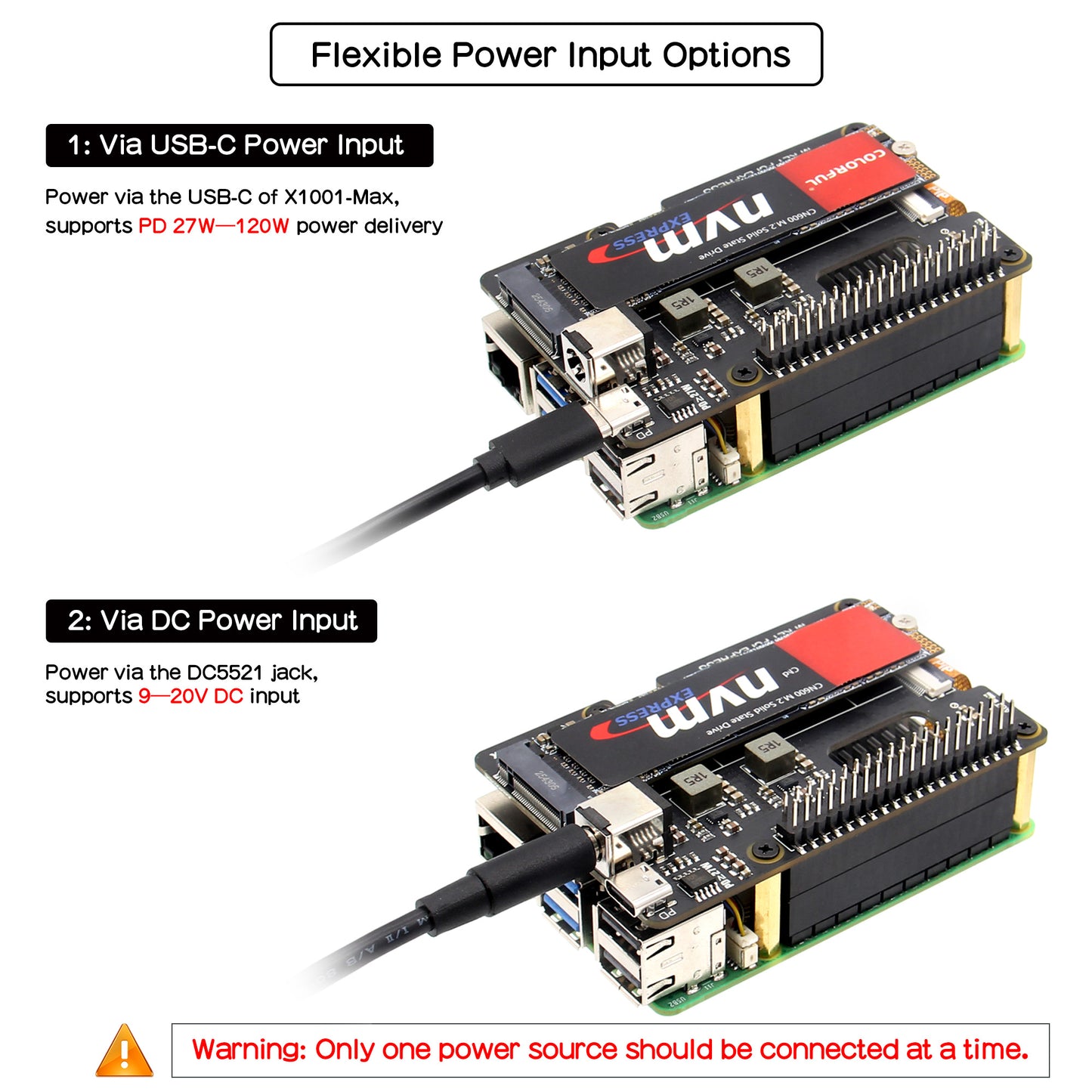Geekworm X1001-Max High-Power PCIe3.0 M.2 NVMe HAT Support 120W PD/DC 9-20V Input,  AI Accelerator and High-Capacity SSD