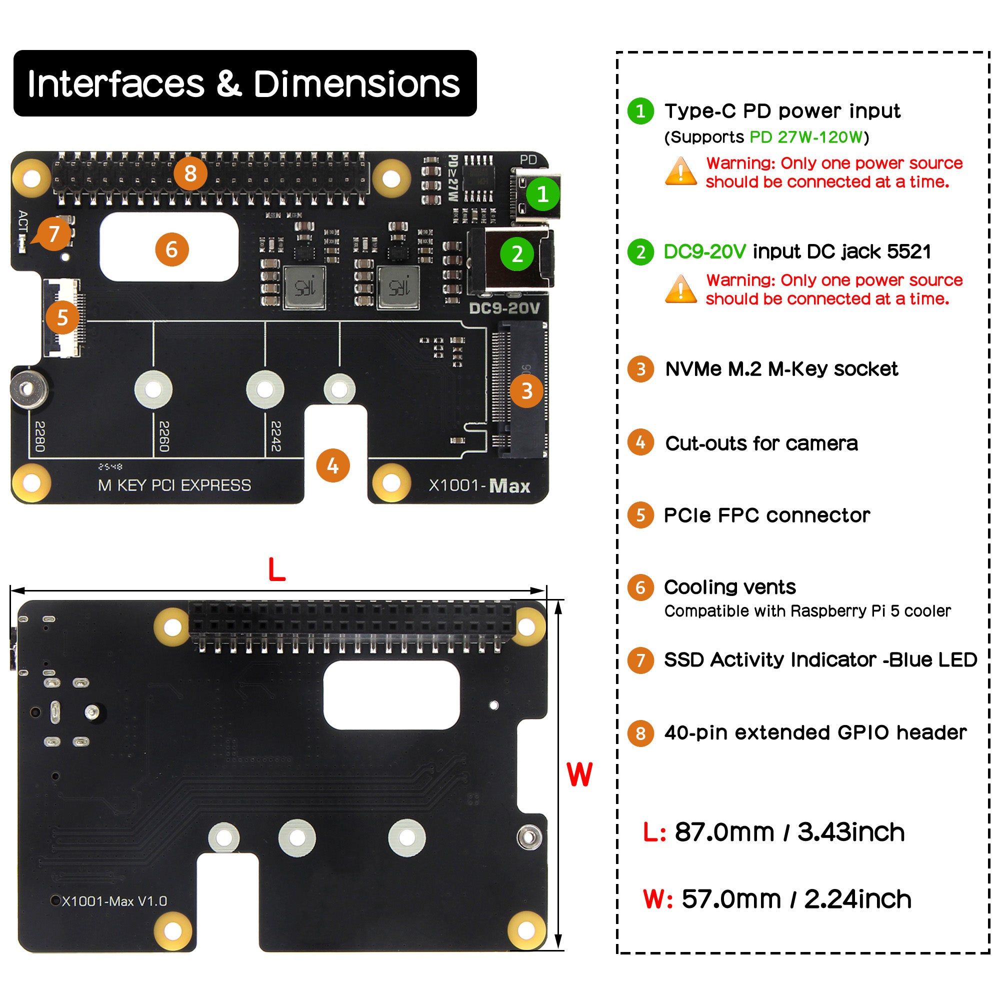 Geekworm X1001-Max High-Power PCIe3.0 M.2 NVMe HAT Support 120W PD/DC