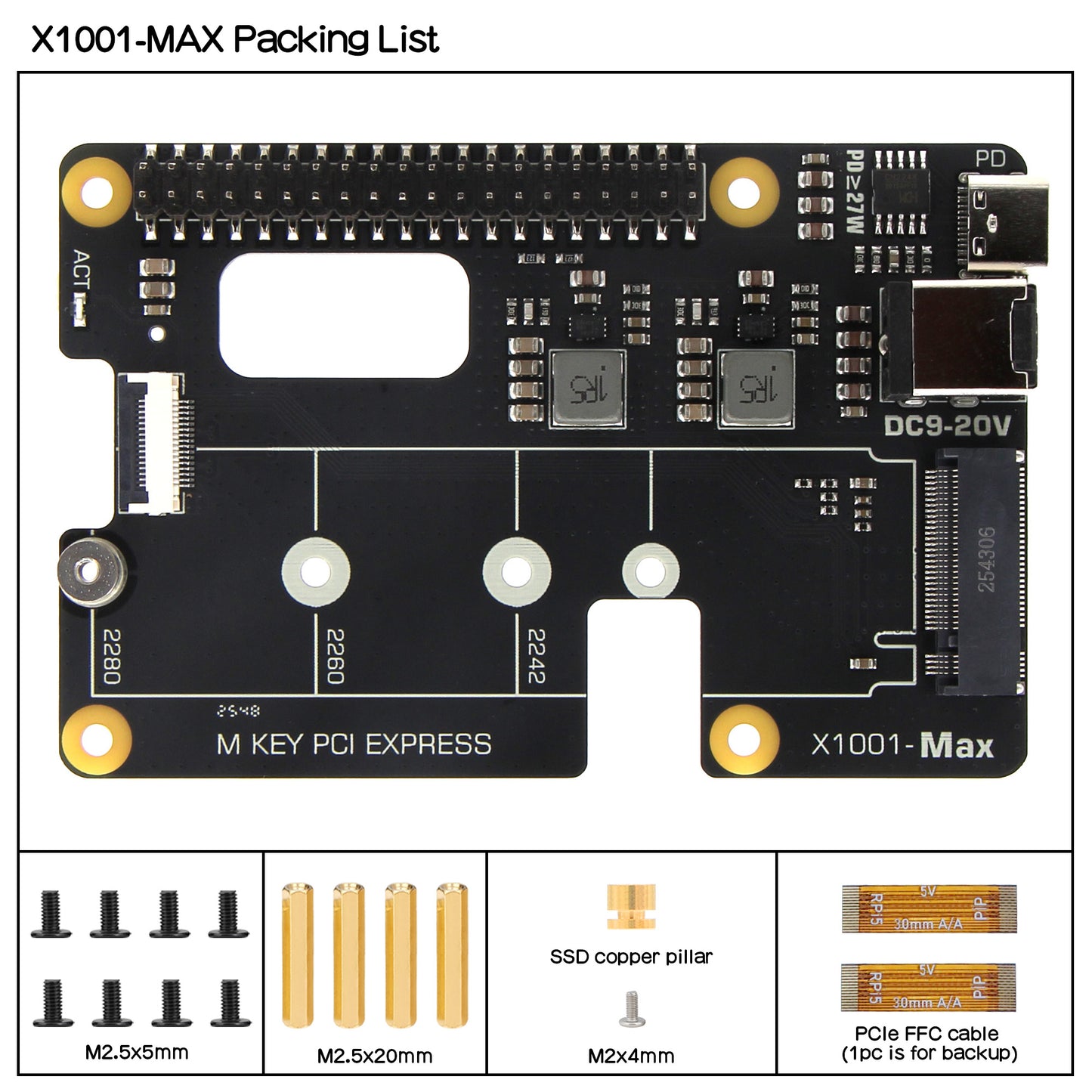 Geekworm X1001-Max High-Power PCIe3.0 M.2 NVMe HAT Support 120W PD/DC 9-20V Input,  AI Accelerator and High-Capacity SSD