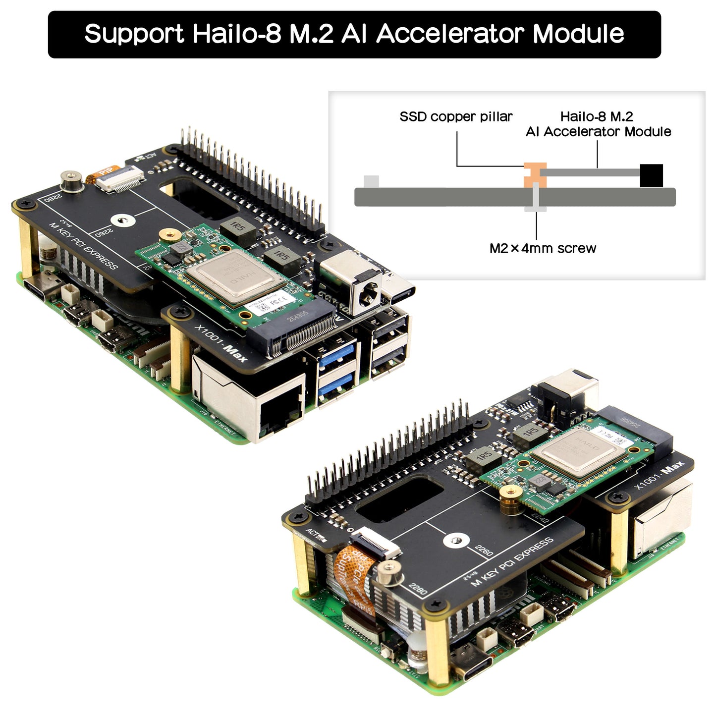 Geekworm X1001-Max High-Power PCIe3.0 M.2 NVMe HAT Support 120W PD/DC 9-20V Input,  AI Accelerator and High-Capacity SSD