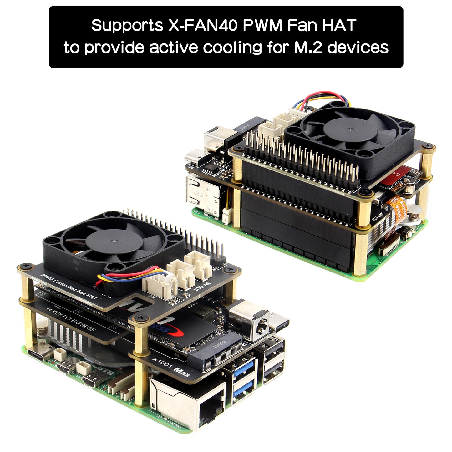 Geekworm X1001-Max High-Power PCIe3.0 M.2 NVMe HAT Support 120W PD/DC 9-20V Input,  AI Accelerator and High-Capacity SSD