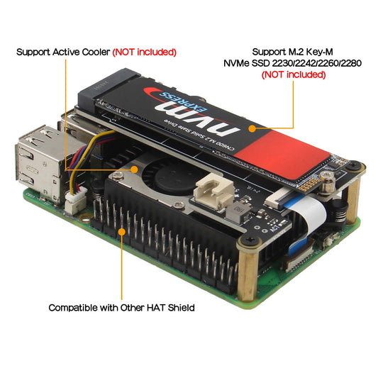 Geekworm X1001 PCIe to M.2 Key-M NVMe SSD PIP TOP for Raspberry Pi 5