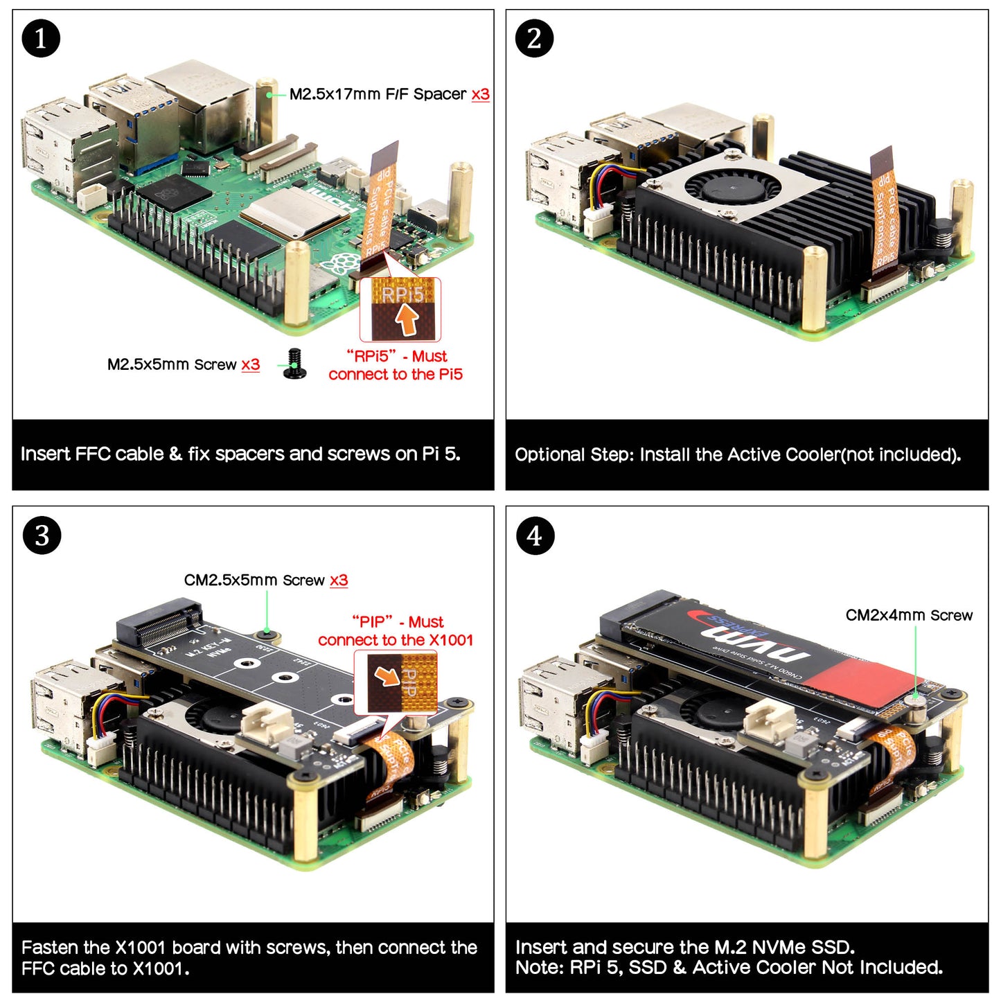 Geekworm X1001 PCIe to M.2 Key-M NVMe SSD PIP TOP for Raspberry Pi 5
