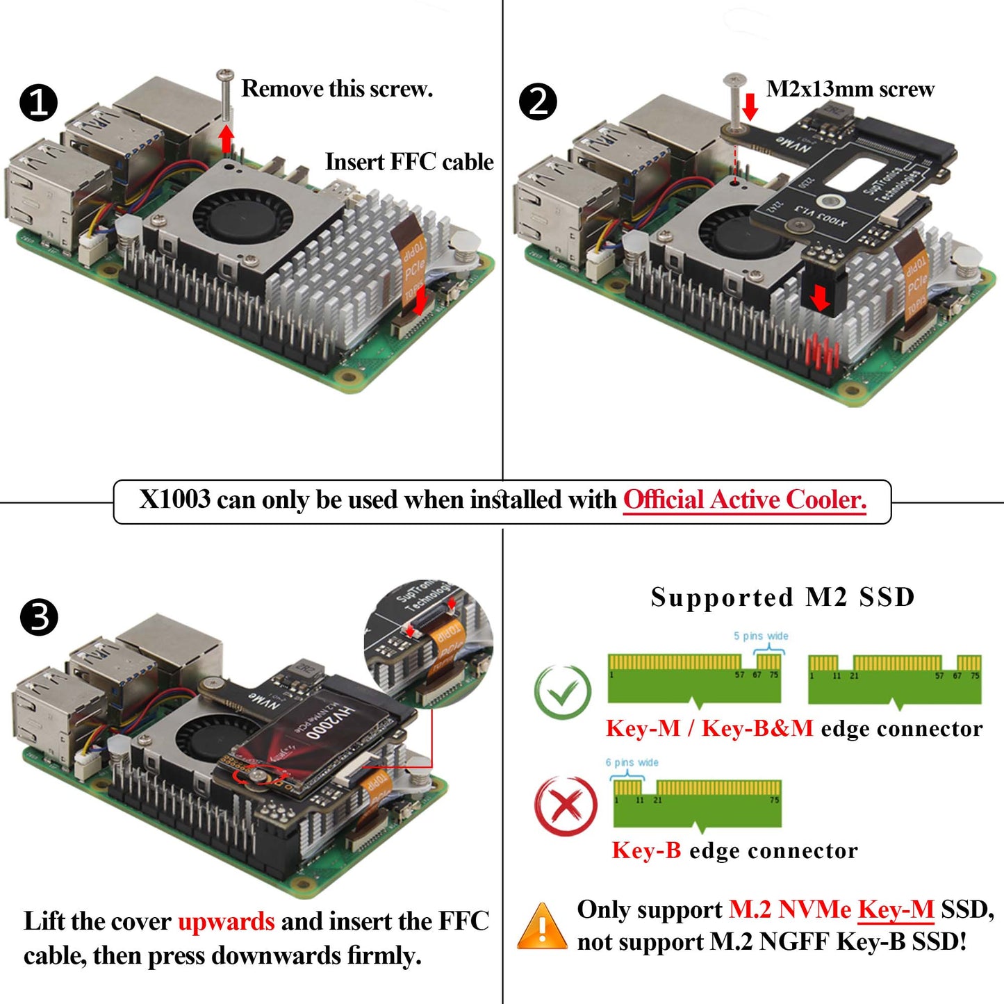 Geekworm X1003 PCIe to M.2 Key-M NVMe SSD PIP TOP for Raspberry Pi 5