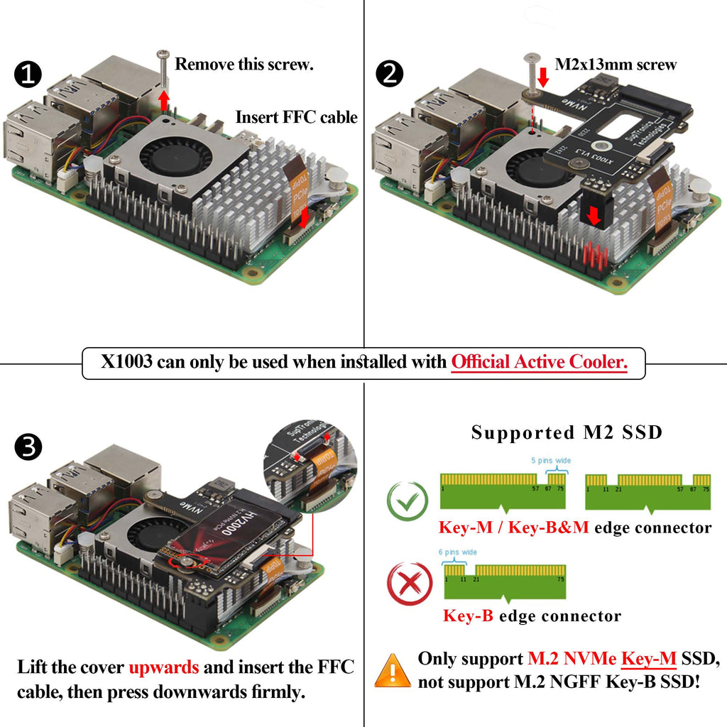 Geekworm X1003 PCIe to NVMe SSD adapter for Raspberry Pi 5 works