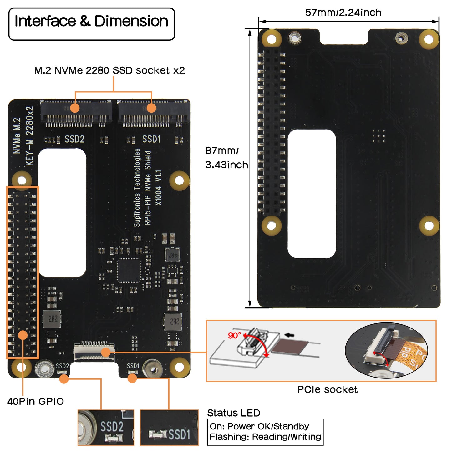 Geekworm X1004 PCIe to Dual 2280 NVMe SSD shield for Raspberry Pi 5