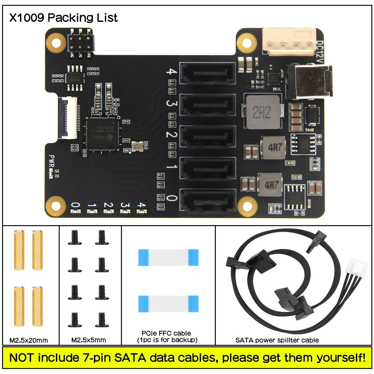 Geekworm X1009 PCIe to 5-Port SATA Shield for Raspberry Pi 5 (NOT Support Boot from HDD/SSD)