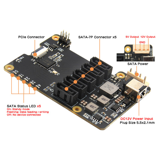 Geekworm X1009 PCIe to 5-Port SATA Shield for Raspberry Pi 5 (NOT Support Boot from HDD/SSD)