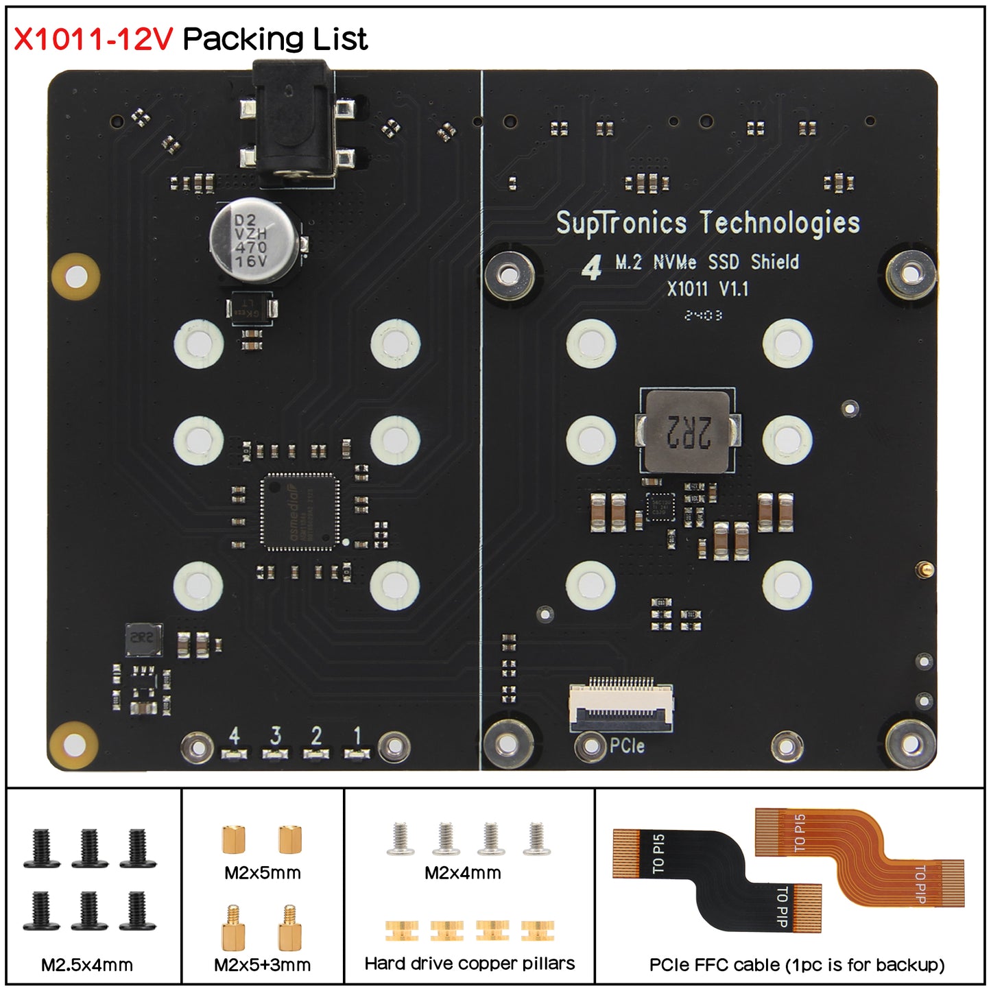 Geekworm X1011-12V PCIe to Four M.2 NVMe SSD Board for Raspberry Pi 5 (Not Support RAID)