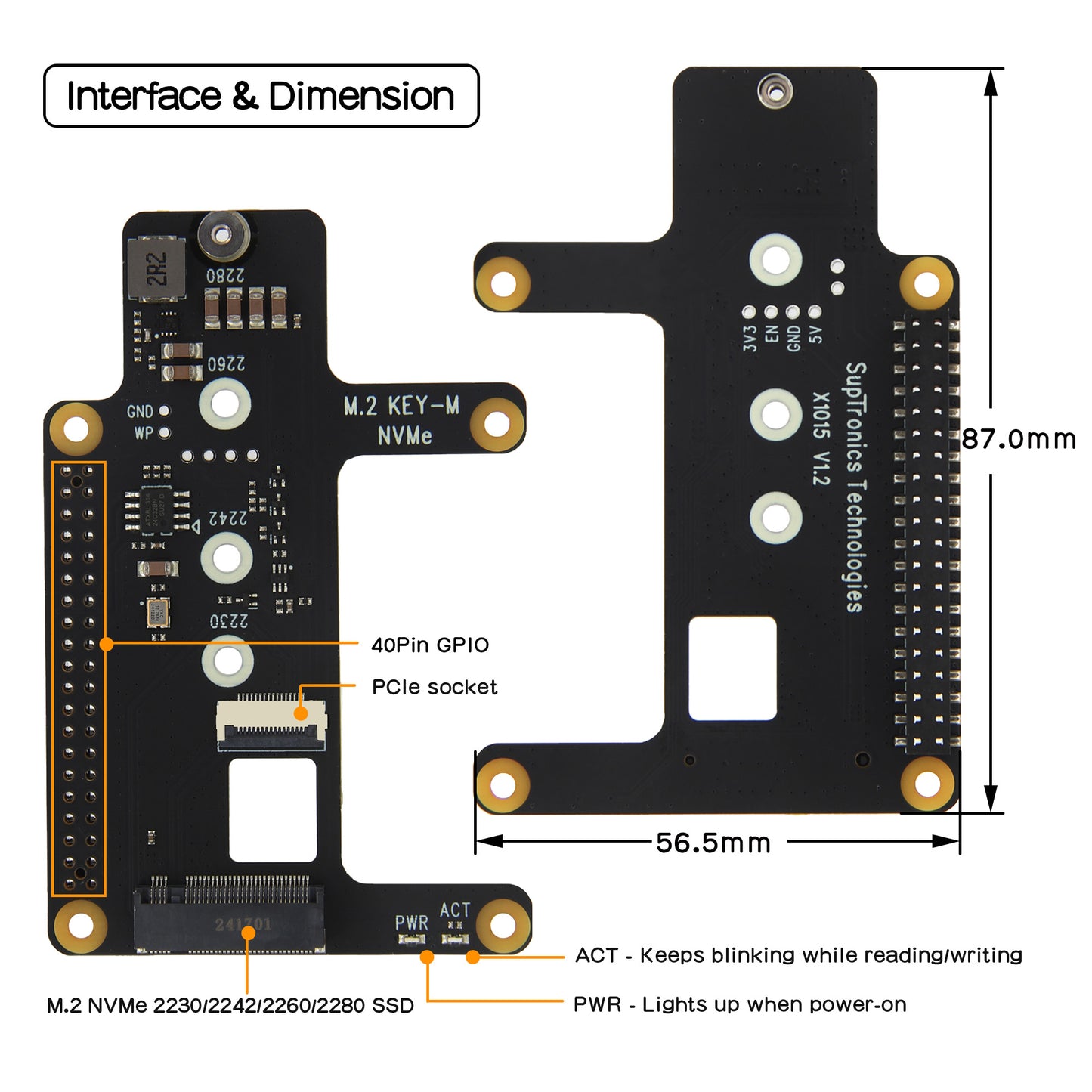 Geekworm X1015 PCIe to M.2 Key-M NVMe SSD PIP TOP for Raspberry Pi 5