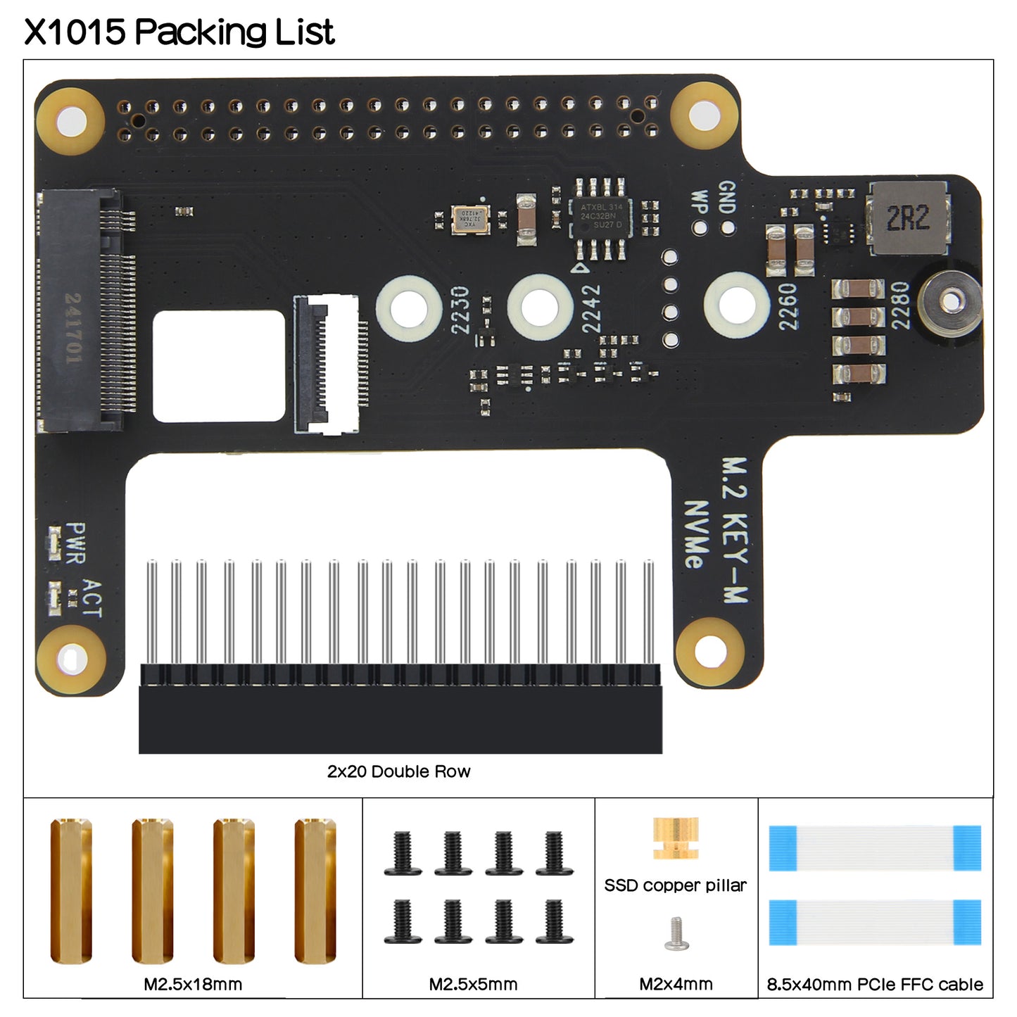 Geekworm X1015 PCIe to M.2 Key-M NVMe SSD PIP TOP for Raspberry Pi 5