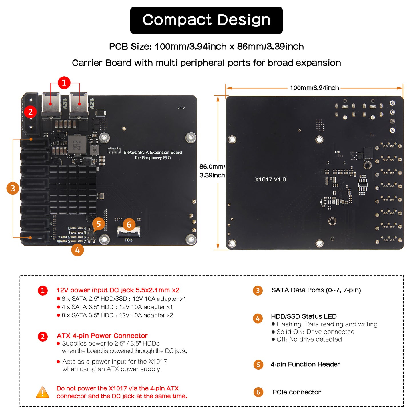 Geekworm X1017 PCIe 3.0 to 8-Port SATA NAS Board for Raspberry Pi 5