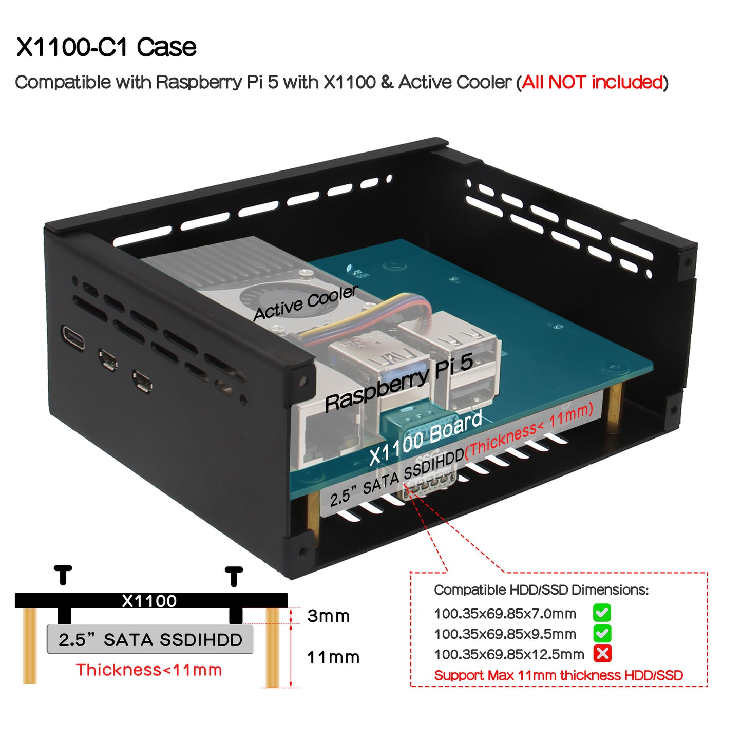 Geekworm X1100-C1 Metal Case for Raspberry Pi 5& X1100 Shield