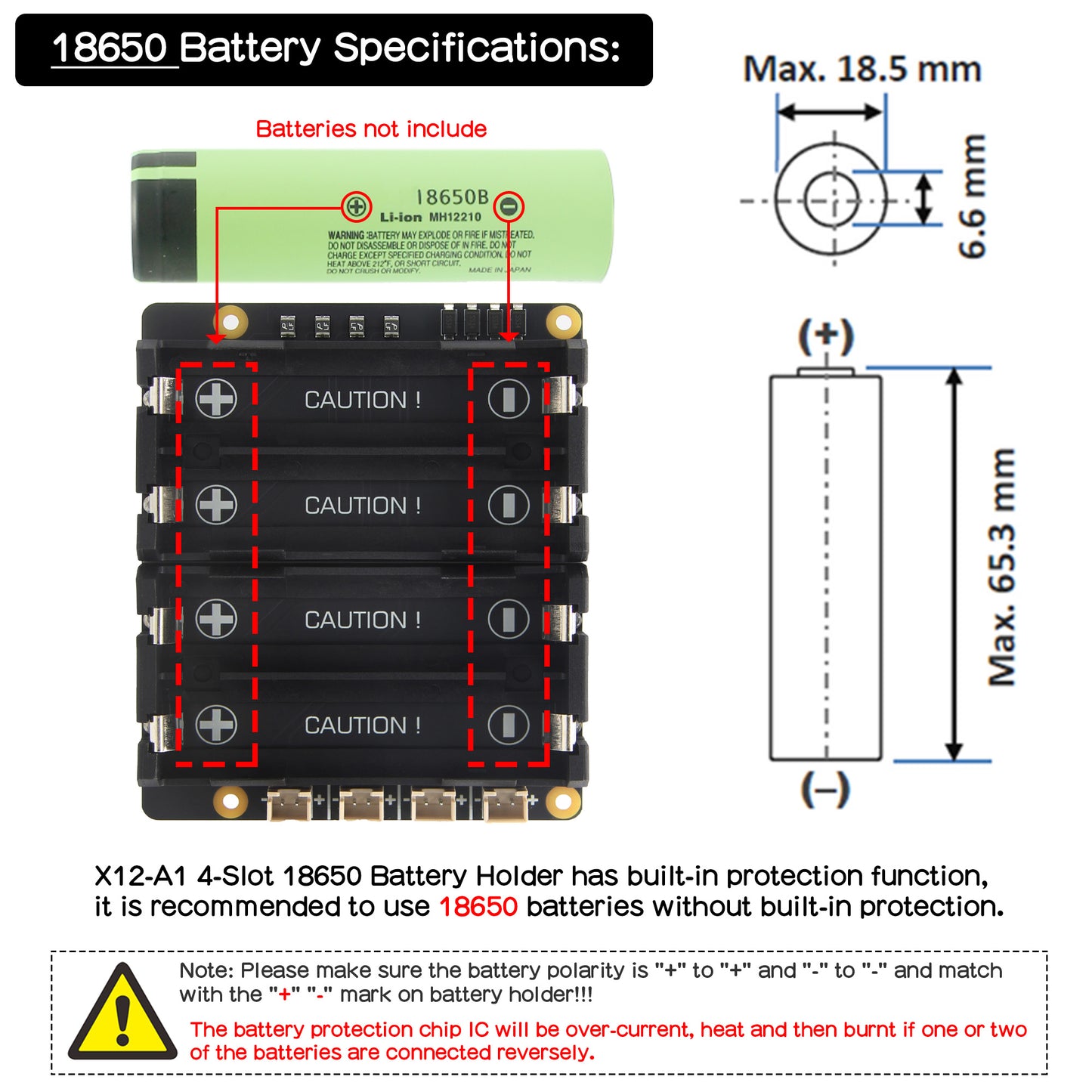 Geekworm X12-A1 Stackable 4-Slot 18650 Battery Holder with Protection Fuse Compatible with X1209 & X1203 UPS HAT