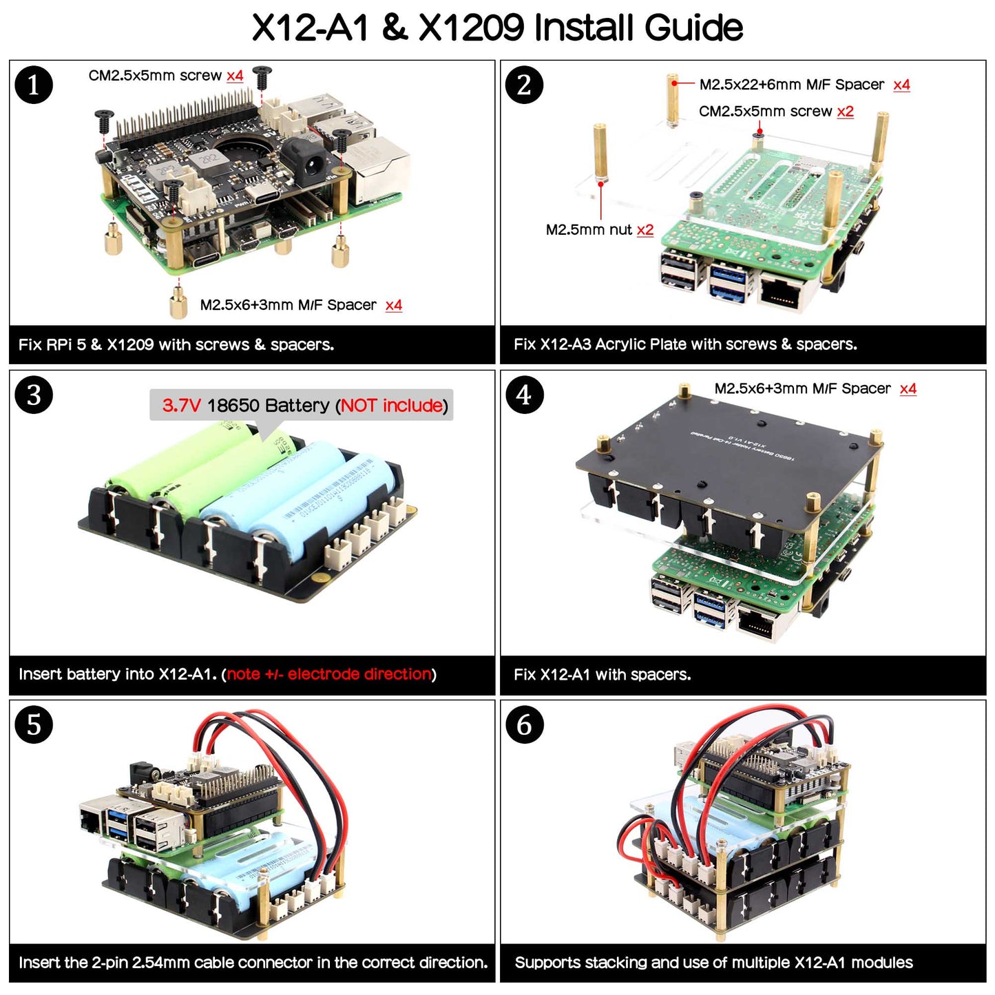 Geekworm X12-A1 Stackable 4-Slot 18650 Battery Holder with Protection Fuse Compatible with X1209 & X1203 UPS HAT