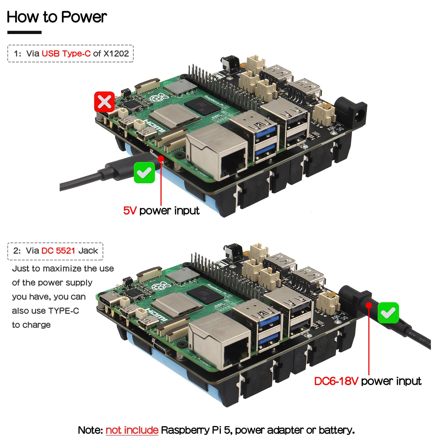 Geekworm X1202 4-Cell 18650 5.1V 5A UPS HAT for Raspberry Pi 5 Series