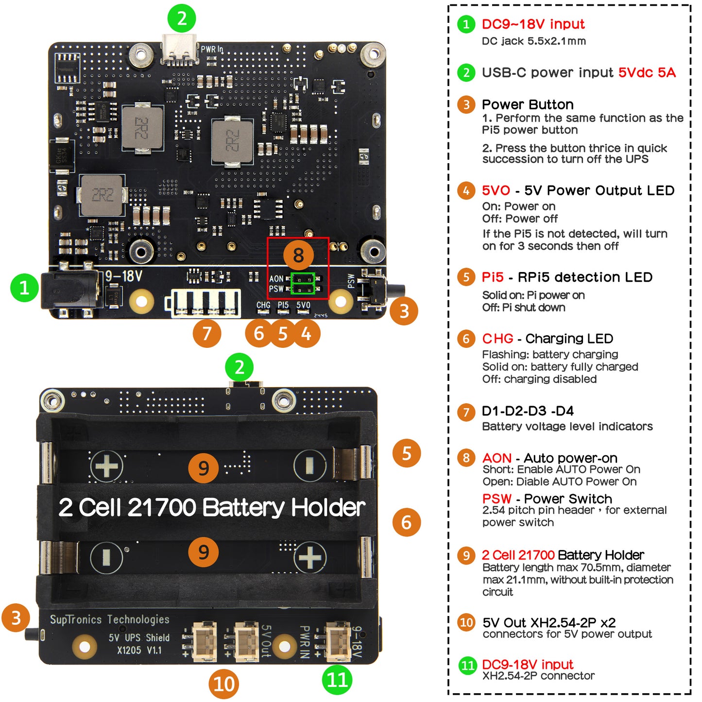 Geekworm X1205 2-Cell 21700 5.1V 6A UPS HAT for Raspberry Pi 5 Series