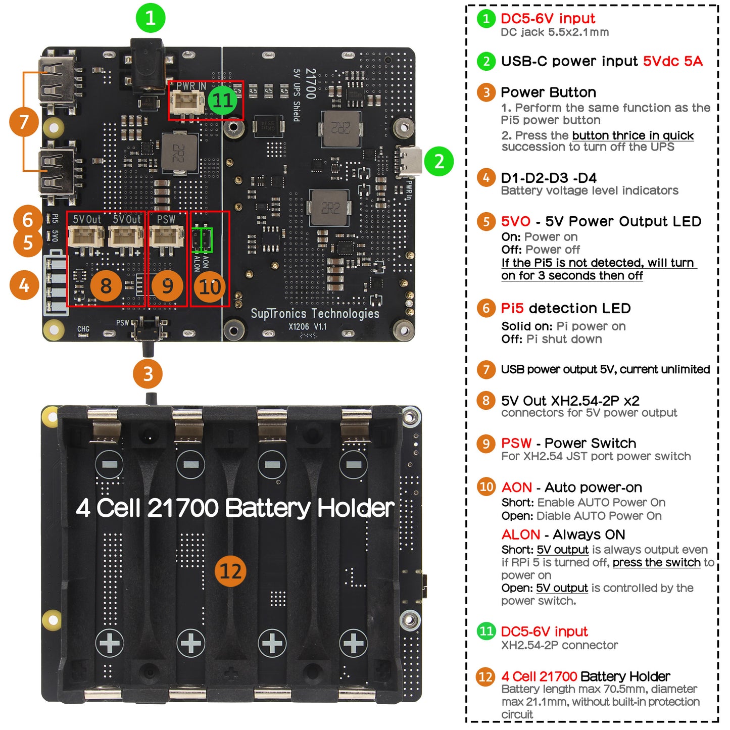 Geekworm X1206 V2.0 4-Cell 21700 5.1V 6A UPS HAT for Raspberry Pi 5 Series
