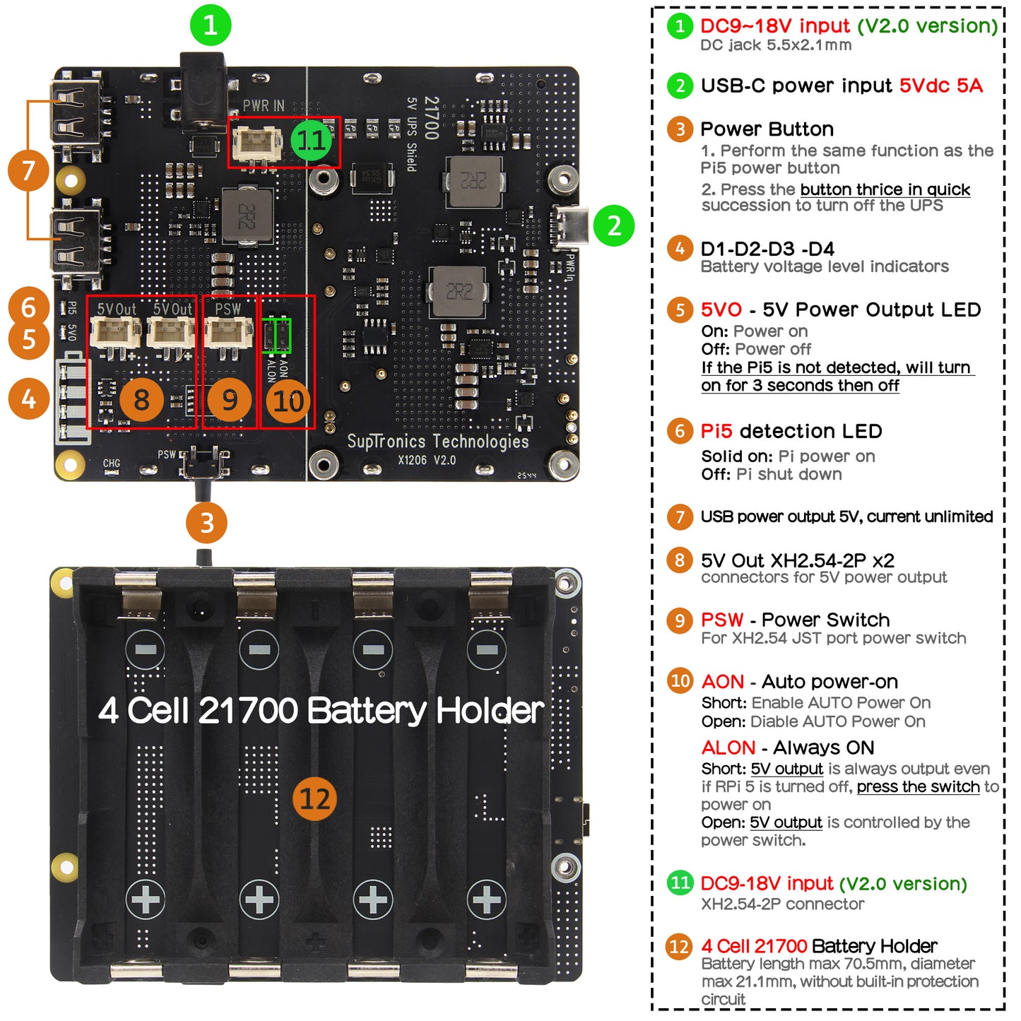 Geekworm X1206 V2.0 4-Cell 21700 5.1V 6A UPS HAT for Raspberry Pi 5 Series