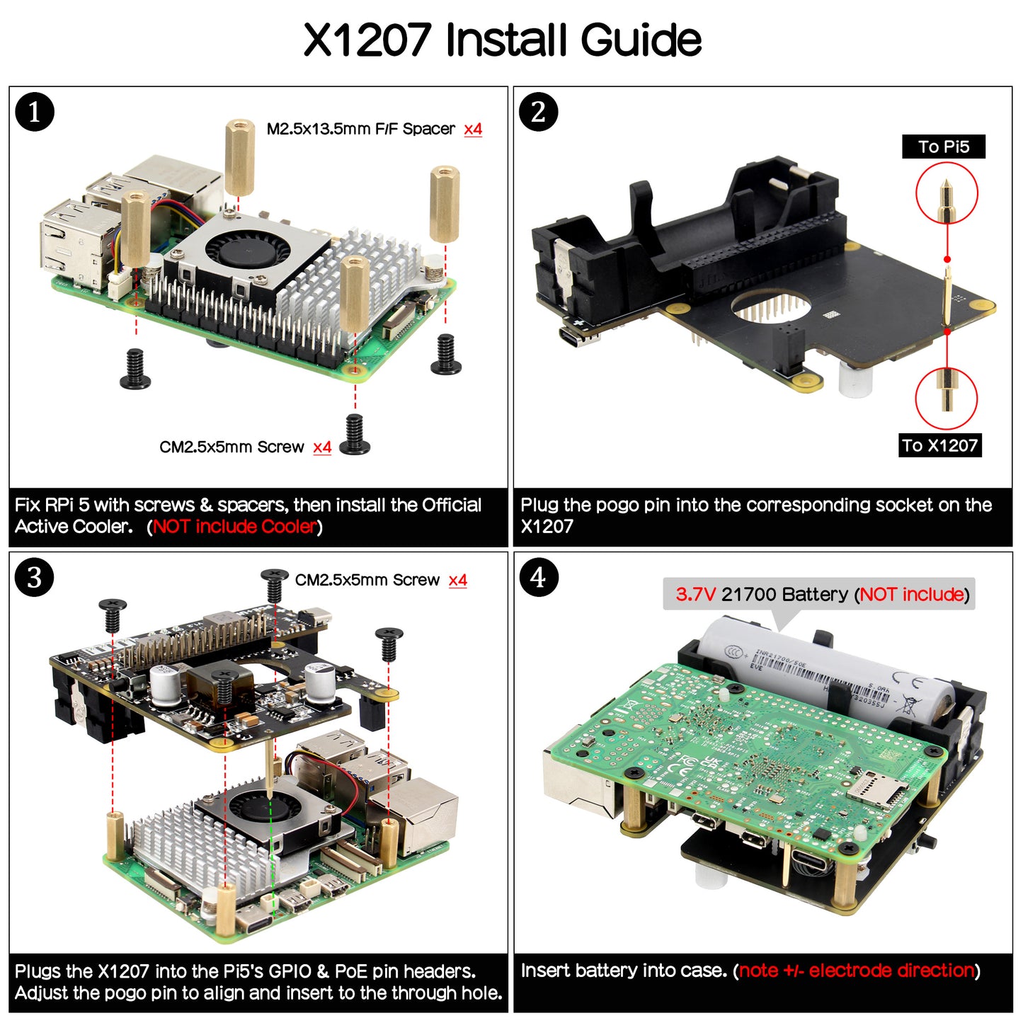Geekworm X1207 1-Cell 21700 5.1V 5A PoE-Powered UPS HAT for Raspberry Pi 5