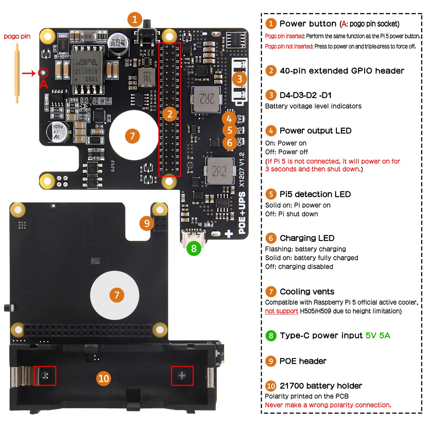 Geekworm X1207 1-Cell 21700 5.1V 5A PoE-Powered UPS HAT for Raspberry Pi 5