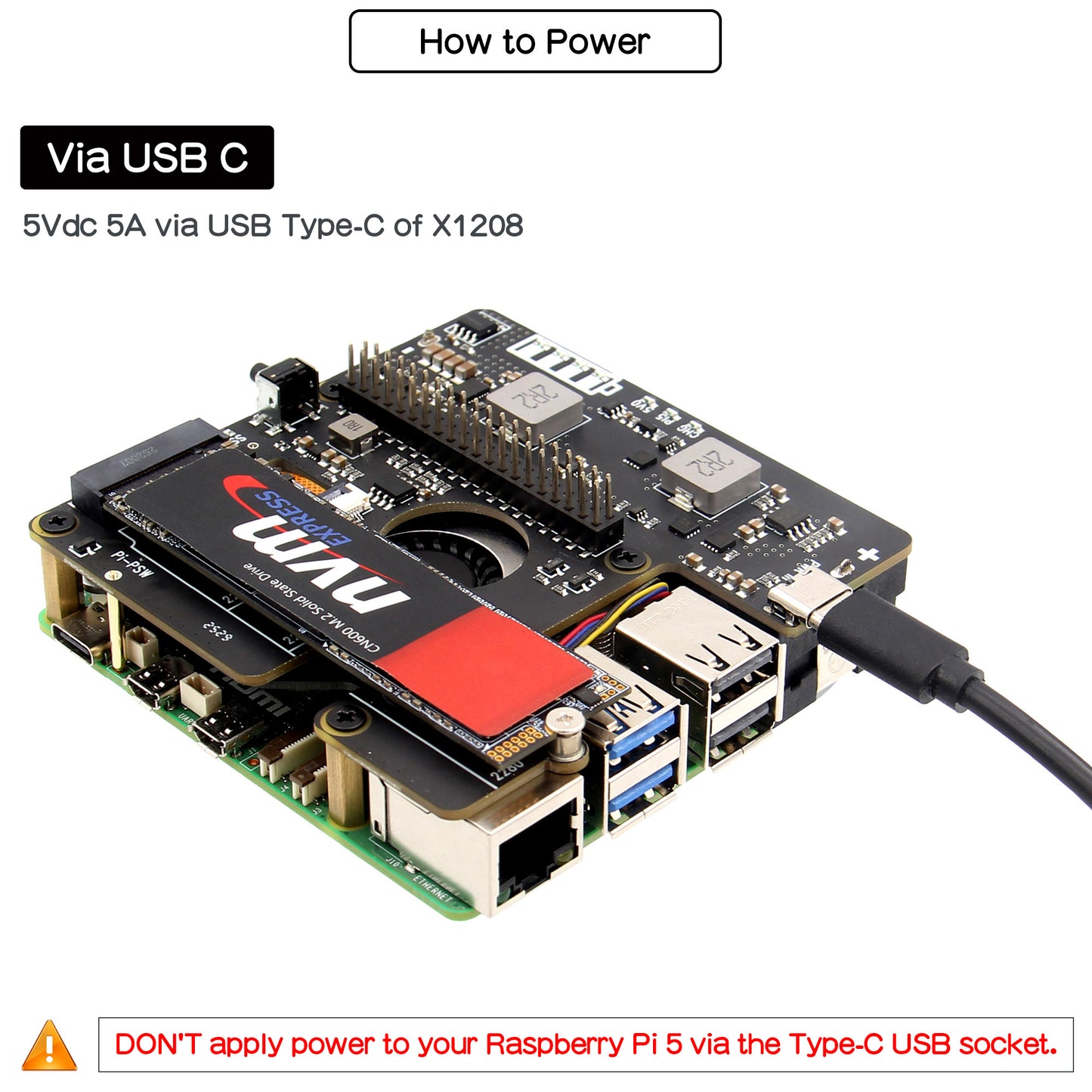 Geekworm X1208 1-Cell 21700 5.1V 5A UPS HAT with M.2 HAT+ Expansion for Raspberry Pi 5