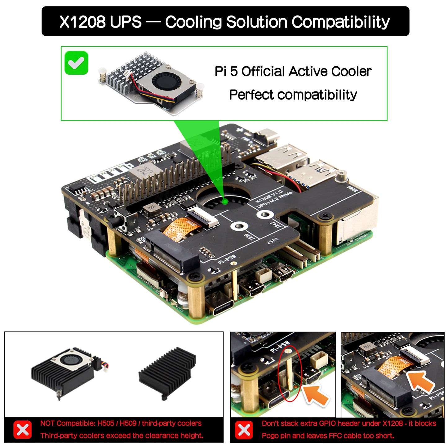 Geekworm X1208 UPS HAT with M.2 HAT+ for Raspberry Pi 5 | 5.1V 5A Output | 21700 Battery Holder | M.2 NVMe SSD Support