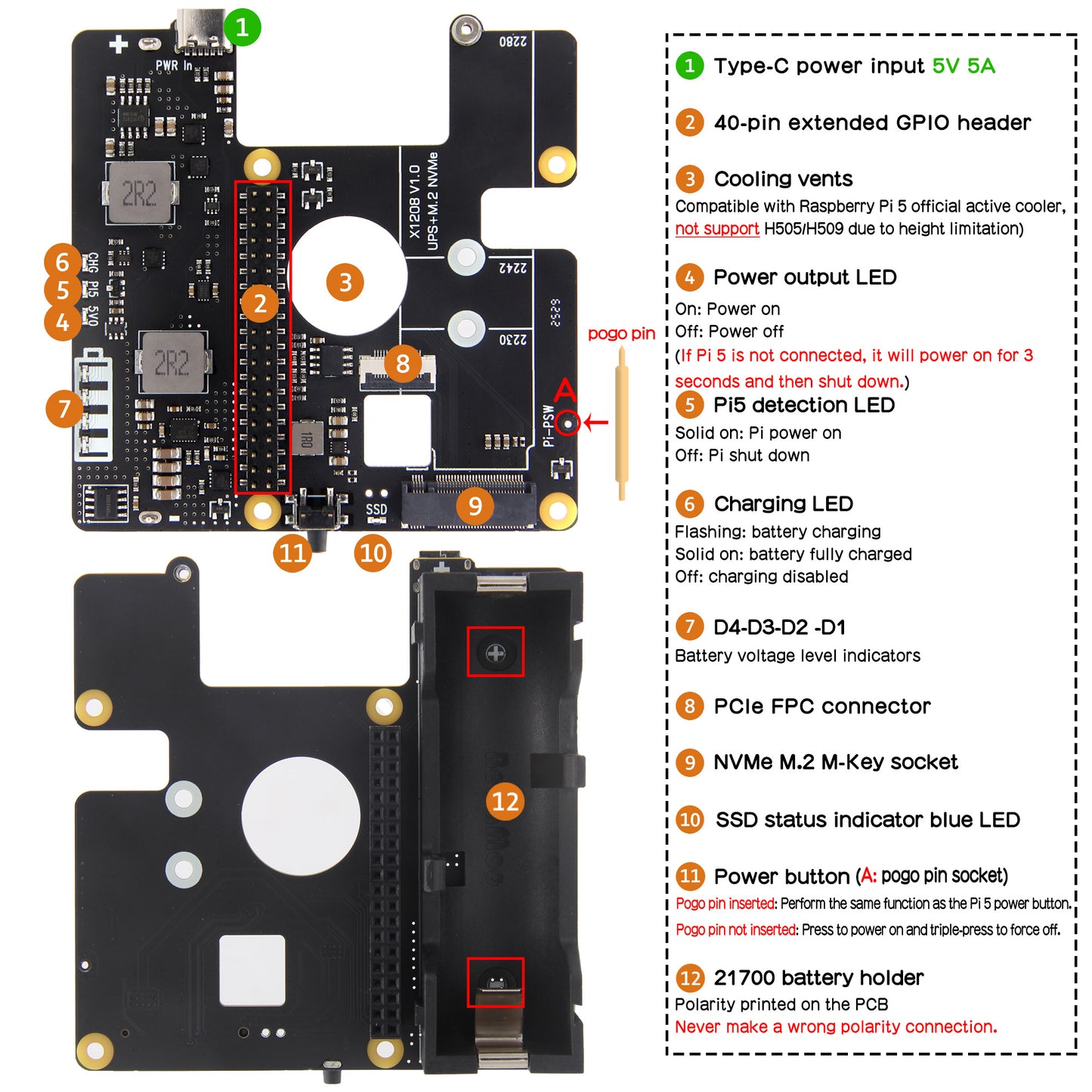 Geekworm X1208 1-Cell 21700 5.1V 5A UPS HAT with M.2 HAT+ Expansion for Raspberry Pi 5