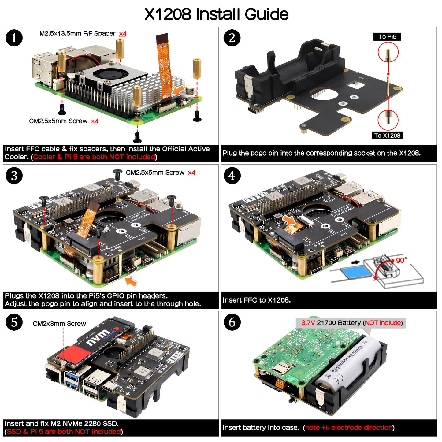 Geekworm X1208 1-Cell 21700 5.1V 5A UPS HAT with M.2 HAT+ Expansion for Raspberry Pi 5