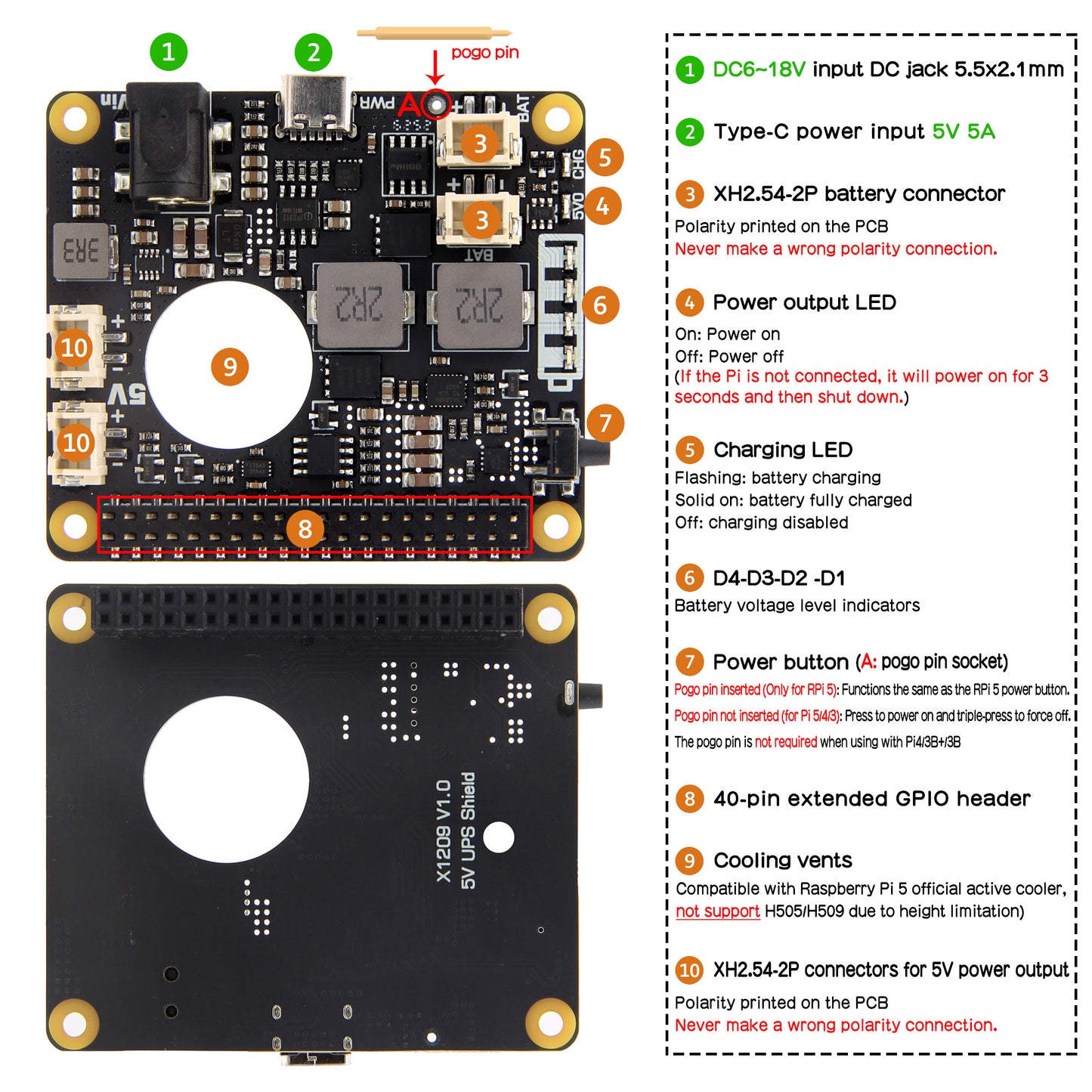 Geekworm X1209 5.1V 6A UPS HAT for Raspberry Pi 5/4B/3B/3B+