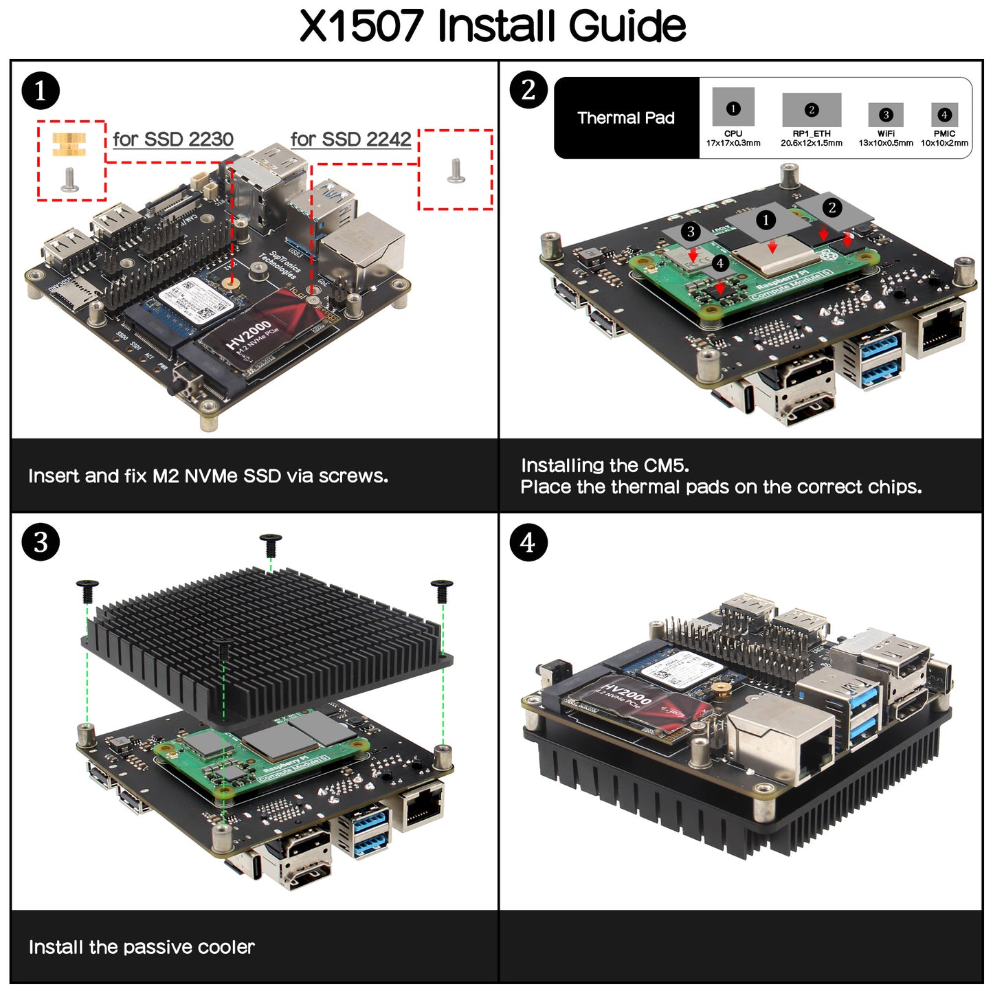 Geekworm X1507 CM5 IO Carrier Board fanless Passive Heatsink for Raspberry Pi CM5 Support Dual 2230/2242 M.2 NVMe SSD