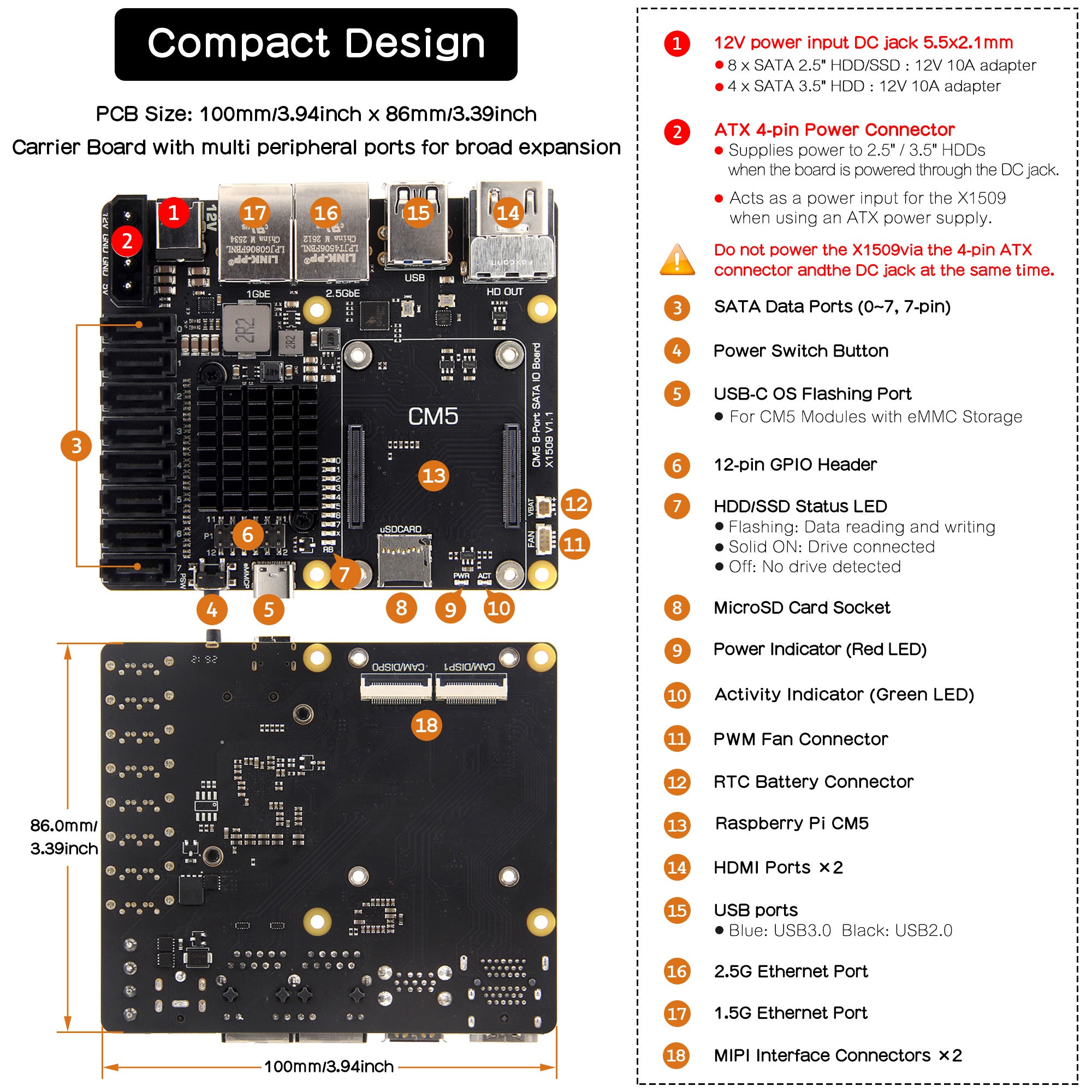 Geekworm X1509 PCIe 3.0 to 8-Port SATA NAS Carrier Board for Raspberry