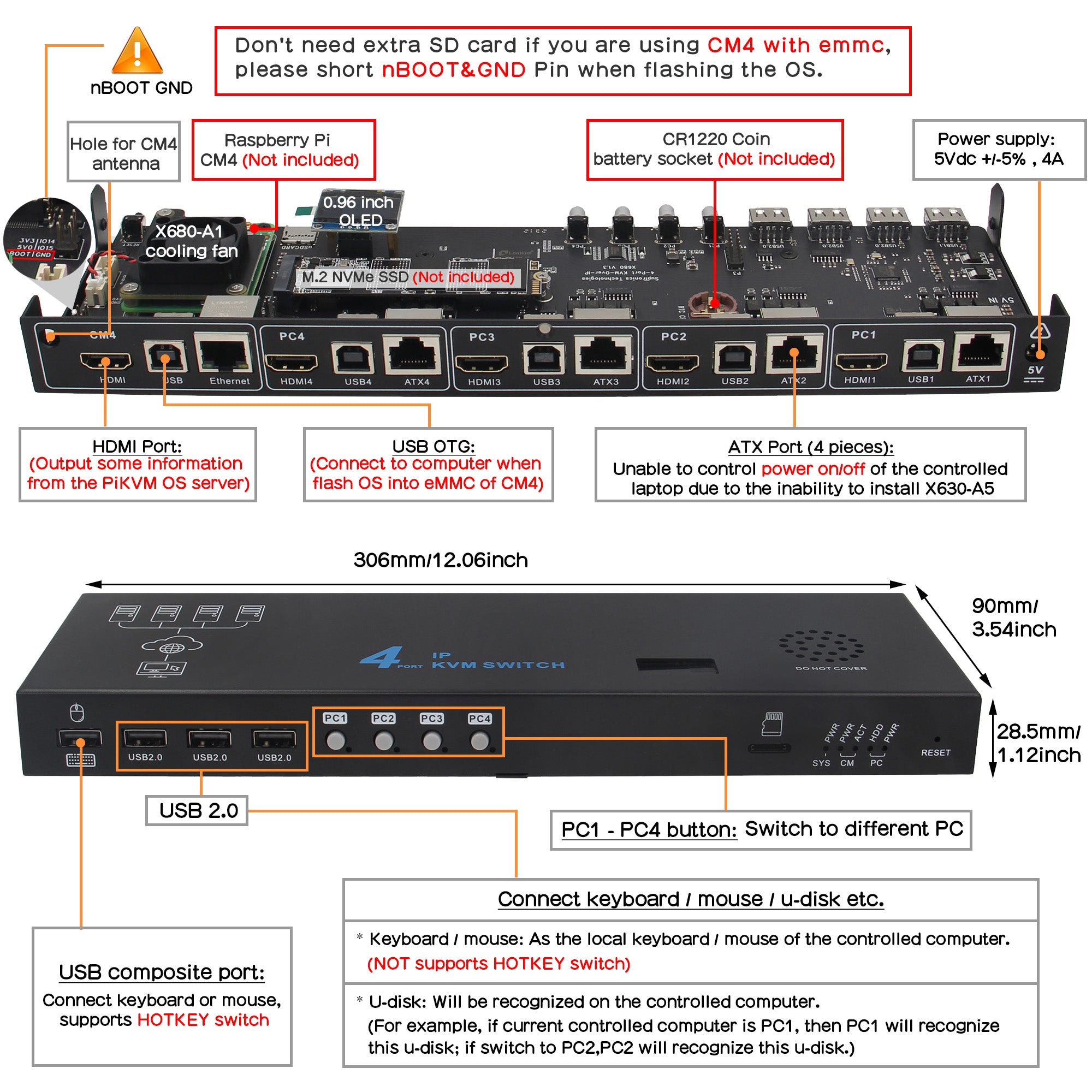 Geekworm X680 4port IP KVM Switch for Raspberry Pi Compute Module 4(C
