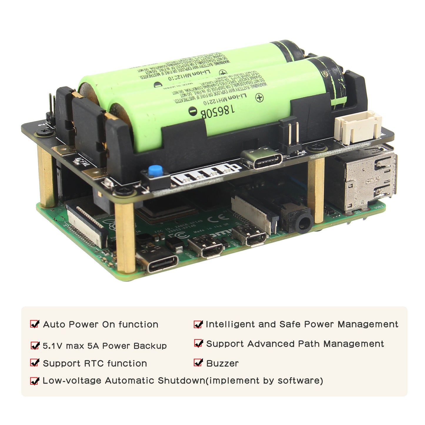 Geekworm Raspberry Pi X728 (Max 5.1V 5A) 18650 UPS & Power Management Board with Auto On & Safe Shutdown Function