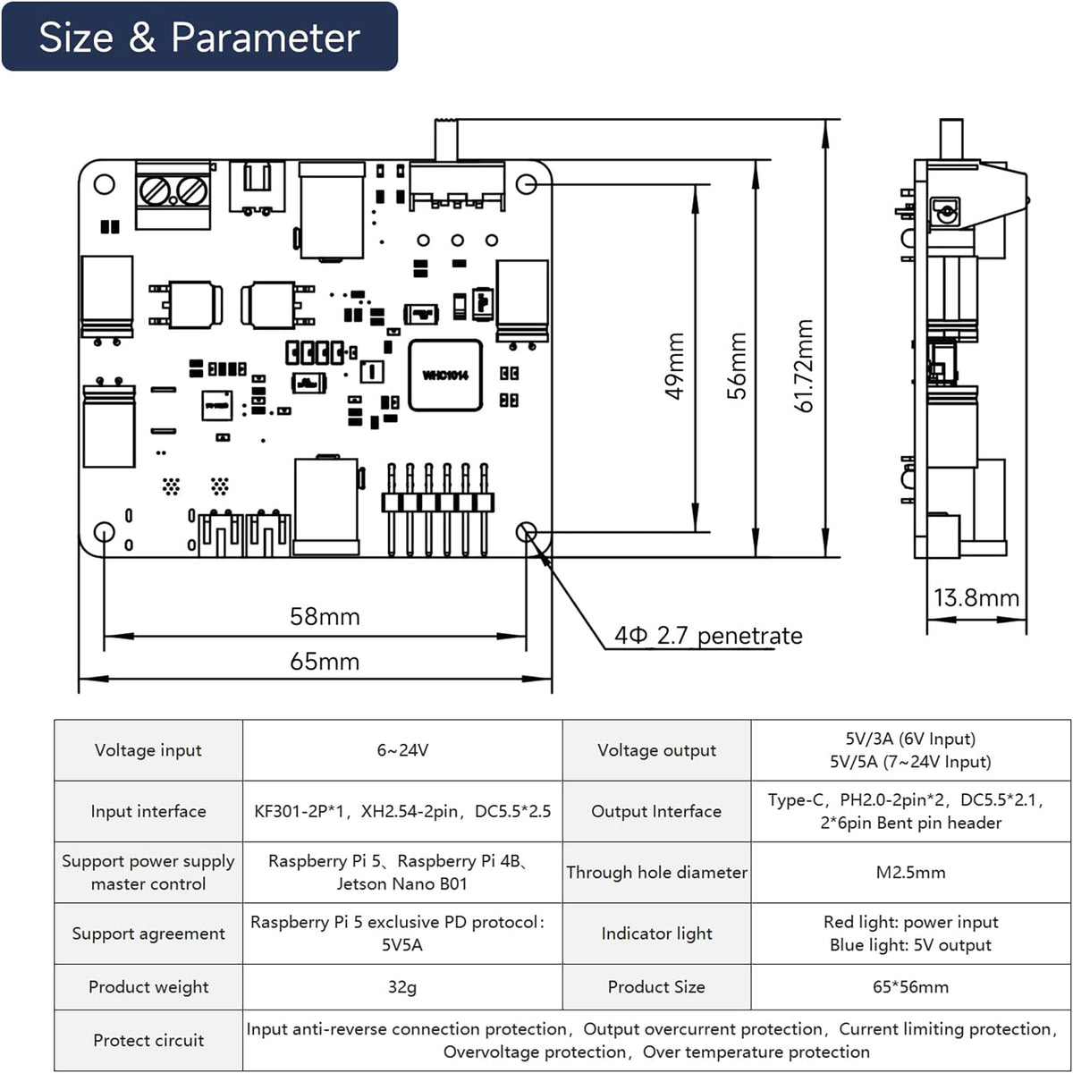Voltage Regualtor Power Expansion Board with 6~24V Wide Input for Raspberry Pi 5/4B/RDK Series/Robotics & Embedded Projects
