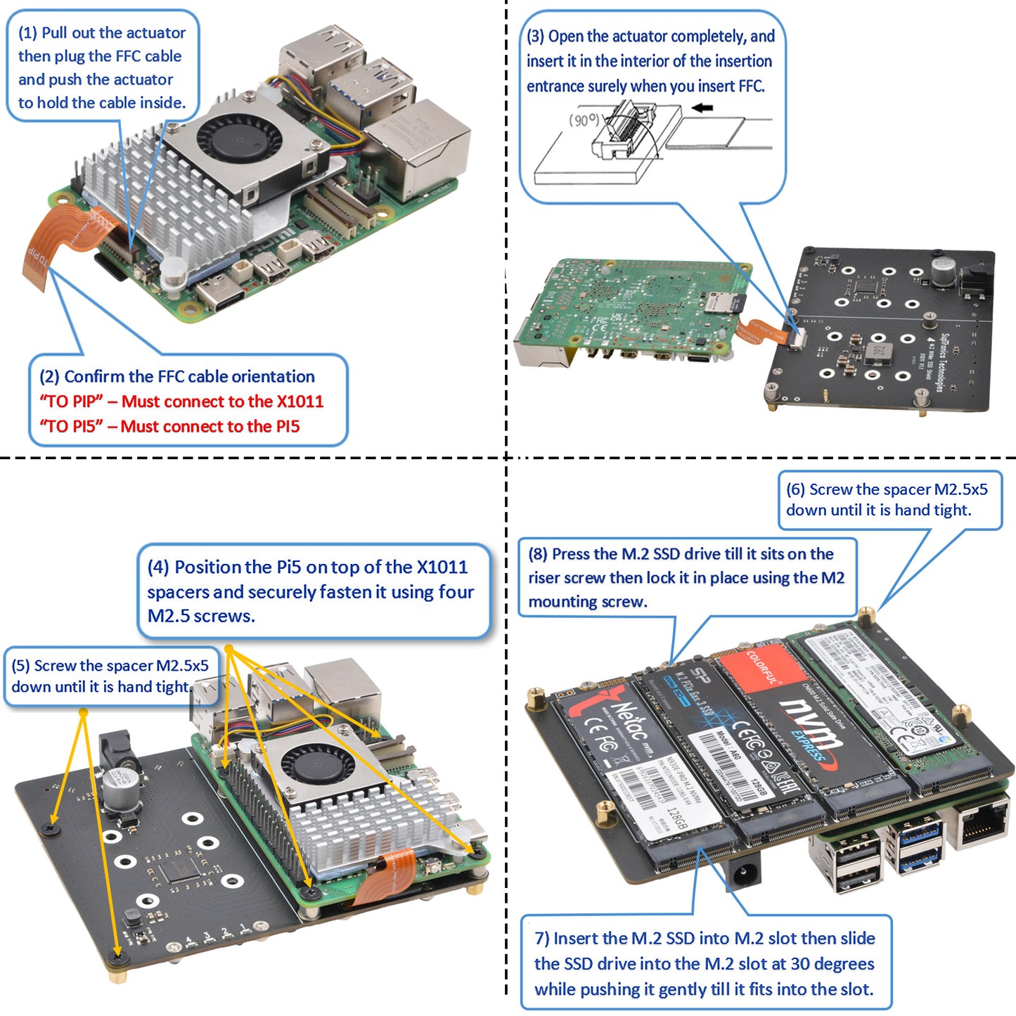 Geekworm X1011-12V PCIe to Four M.2 NVMe SSD Board for Raspberry Pi 5 (Not Support RAID)