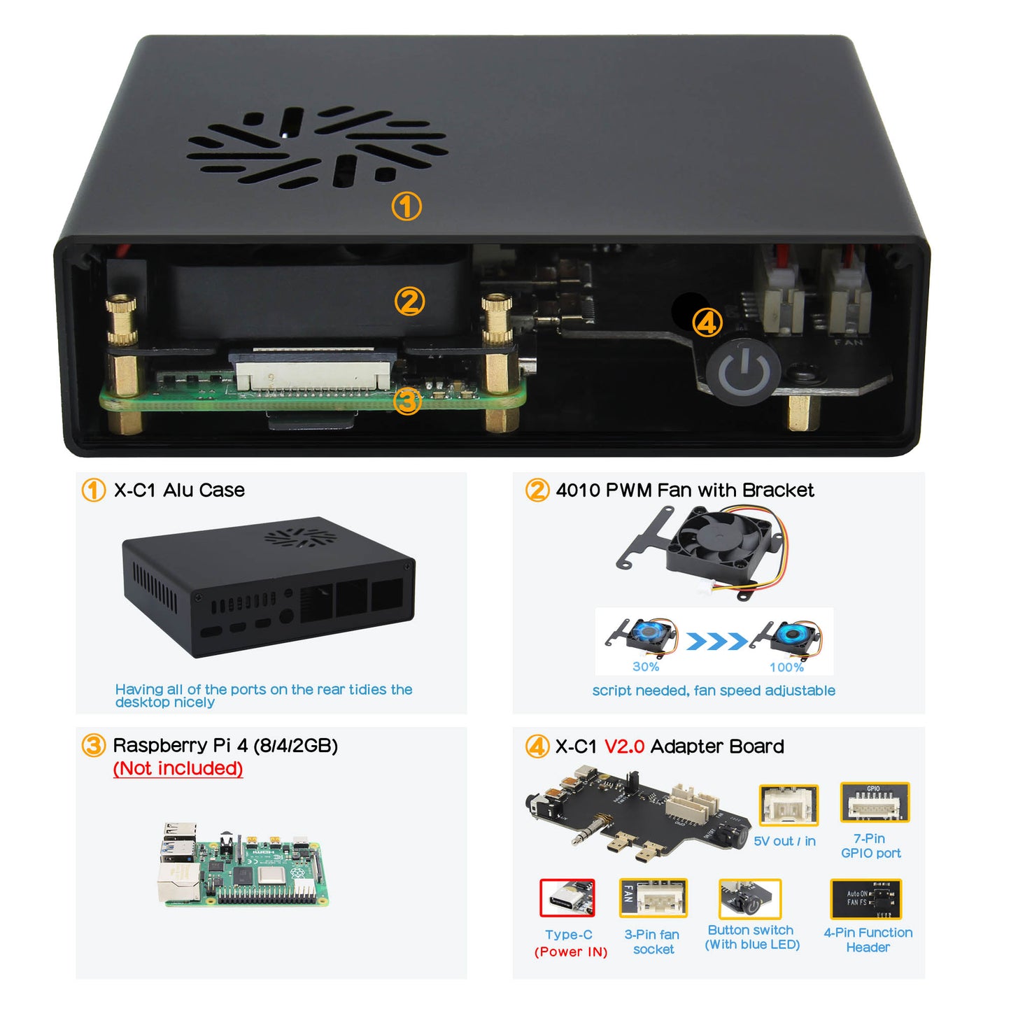 Geekworm Raspberry Pi 4 Case X-C1 Kit V2.0 with PWM Fan | Auto Power On | Safe Shutdown