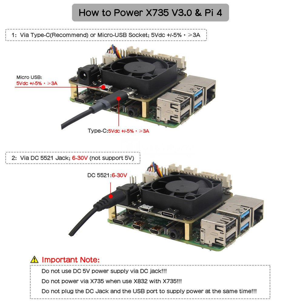 For Raspberry Pi 5/4B/3B+/3B, X735 V3.0 DC 6V-30V Safe Shutdown Power Management & PWM Cooling Expansion Board