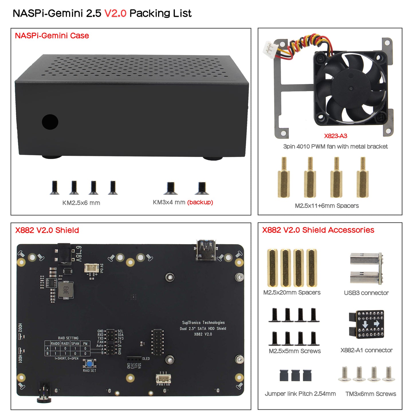 Geekworm NASPi Gemini 2.5 Dual 2.5'' SATA HDD NAS Storage Kit with DC 6-18V Wide Voltage Input|Safe Shutdown|Auto Power On|RAID for Raspberry Pi 4