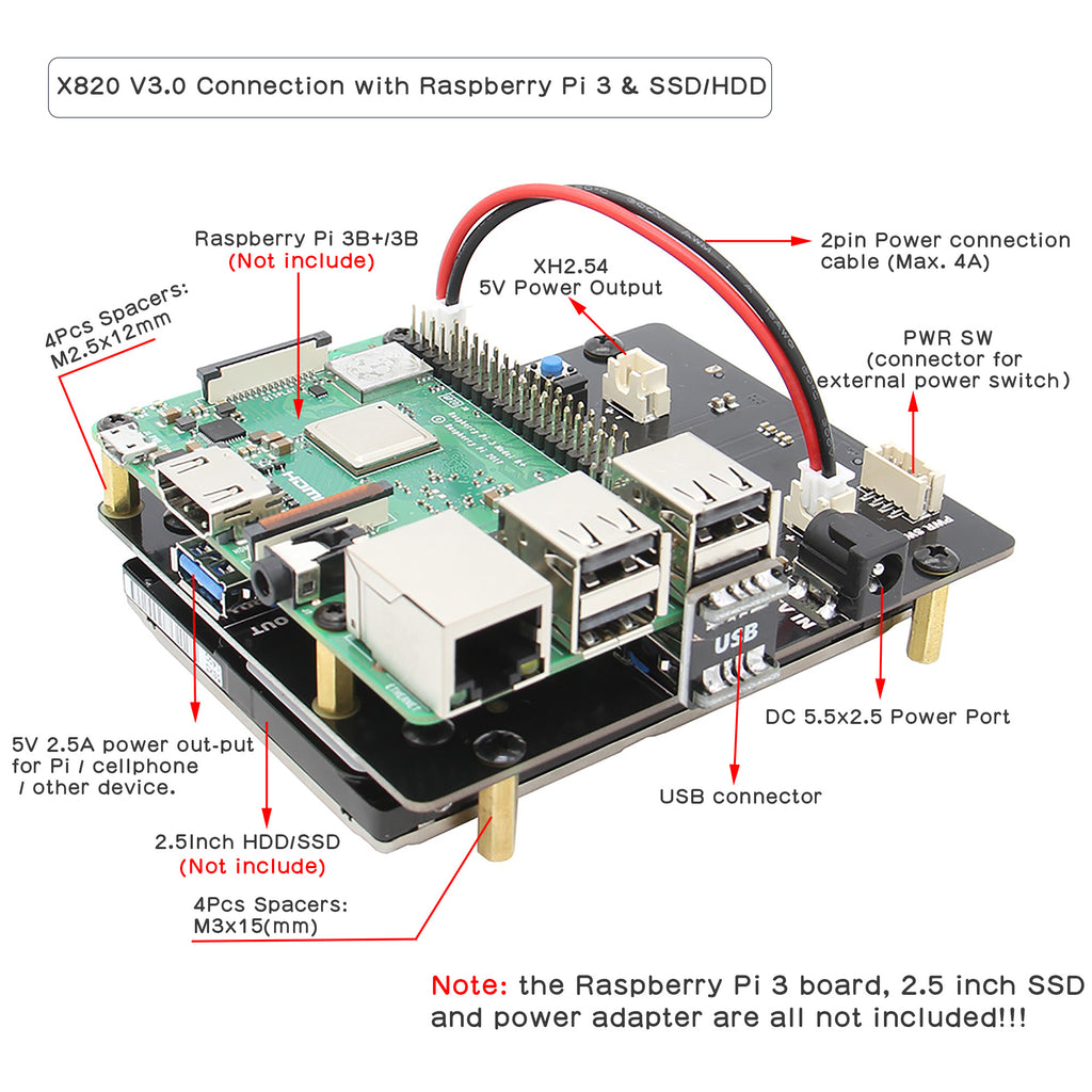 Geekworm Raspberry Pi X820 V3.0 USB 3.0 2.5" SATA HDD/SSD Storage Expansion Mobile Hard Disk Module for Raspberry Pi 3 B+/3B
