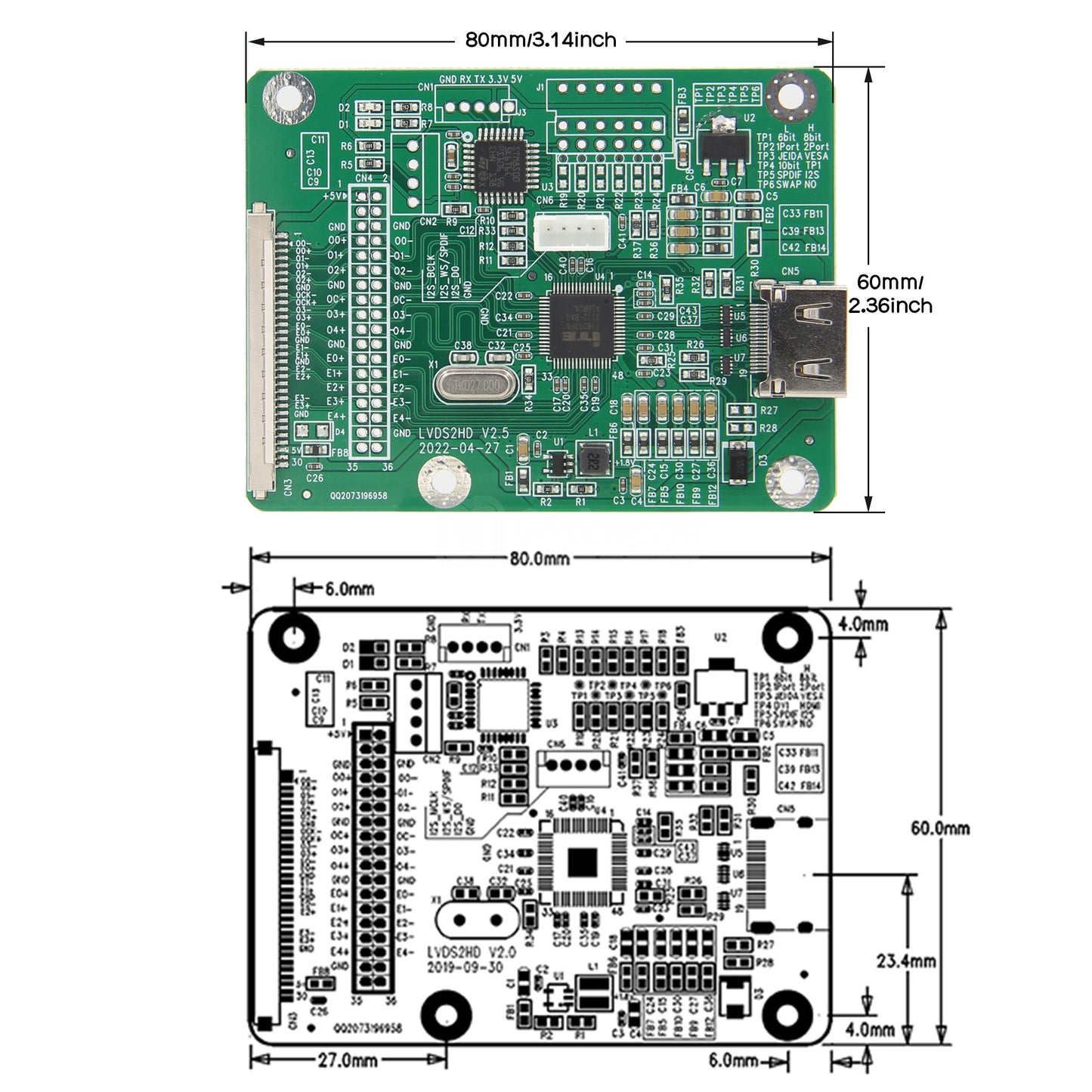 Geekworm LVDS To HDMI Adapter Board(LVDS2) with Cable Default Mode Double 8 | VESA  | 8bit | I2S Sound Input