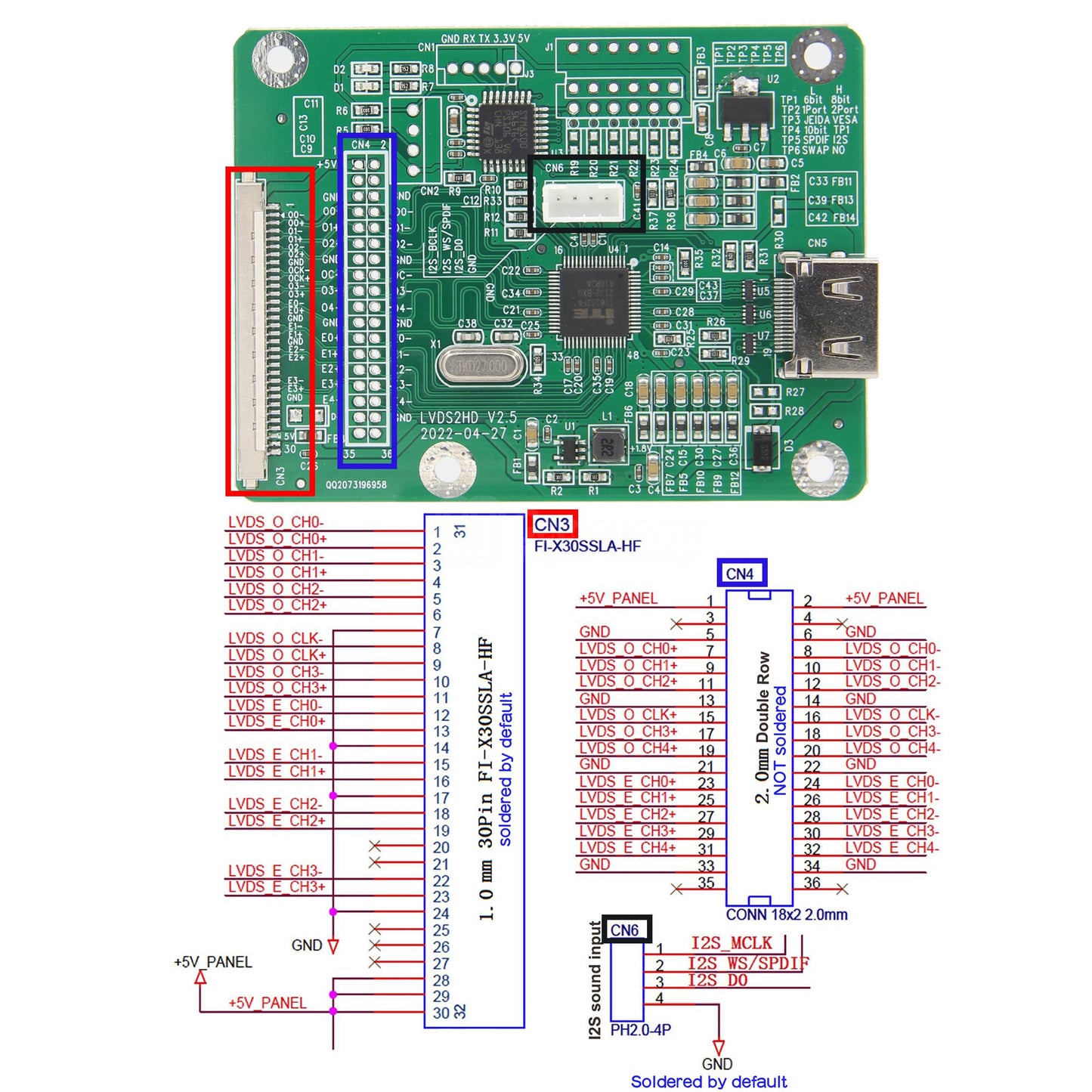 Geekworm LVDS To HDMI Adapter Board(LVDS2) with Cable Default Mode Double 8 | VESA  | 8bit | I2S Sound Input